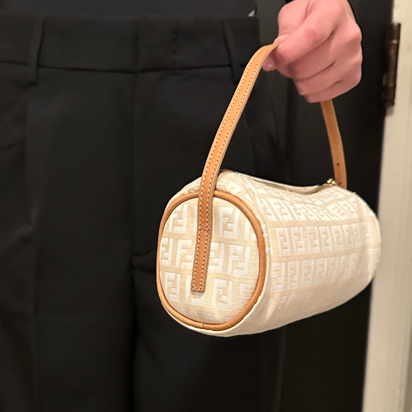 Vintage Fendi Ivory Zucchino Barrel Bag