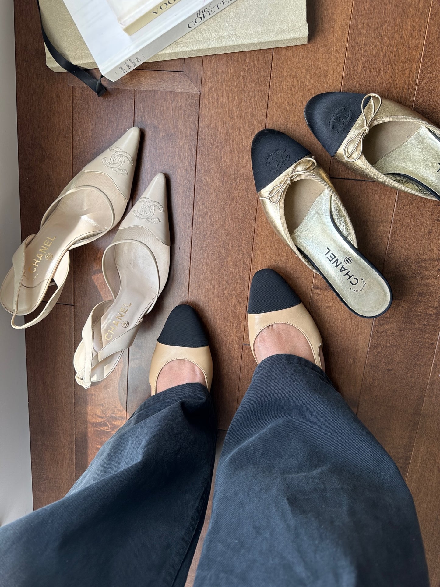 Chanel Beige & Black Slingback Flats