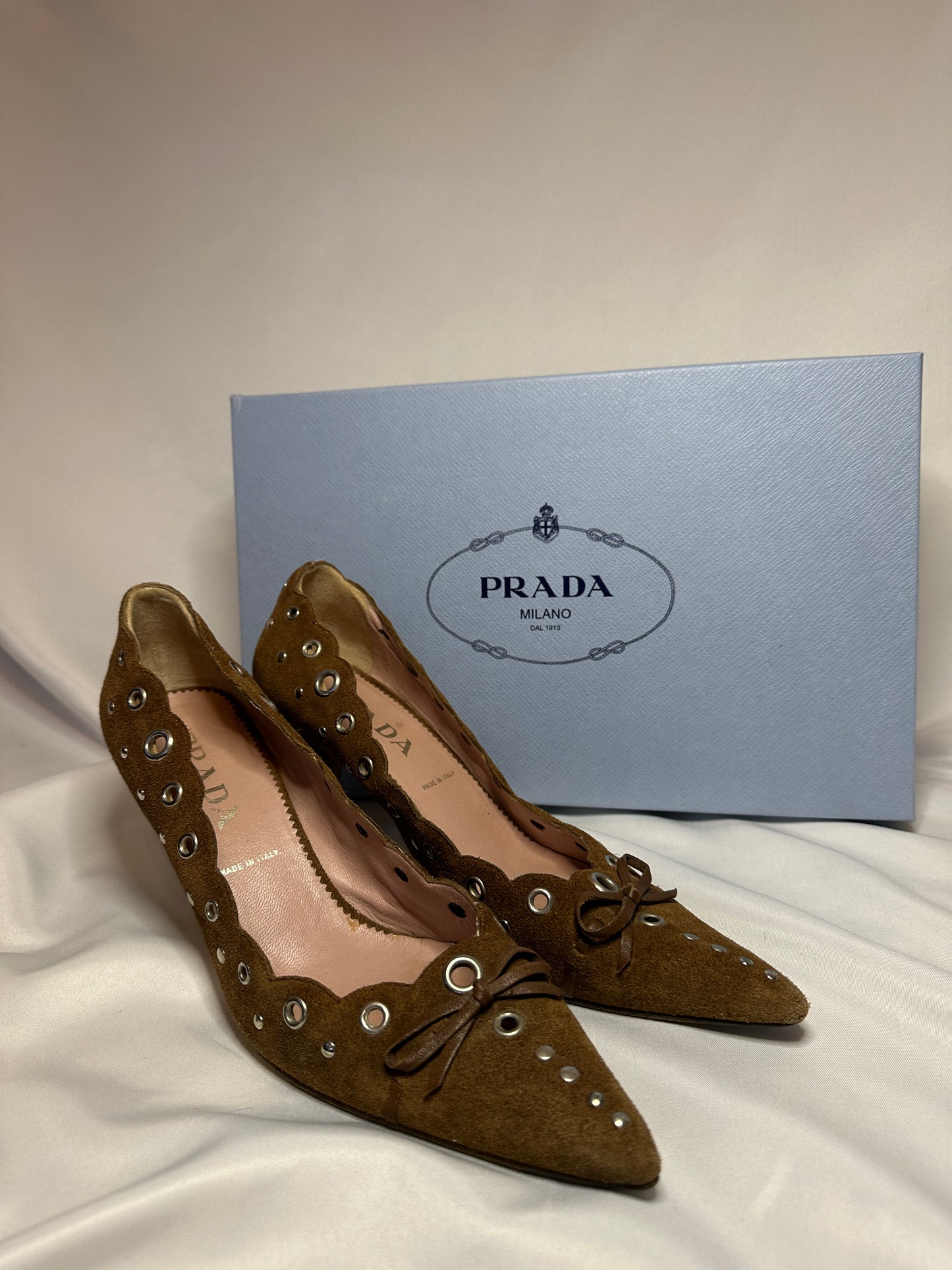 Vintage Prada Brown Suede Grommet Pumps