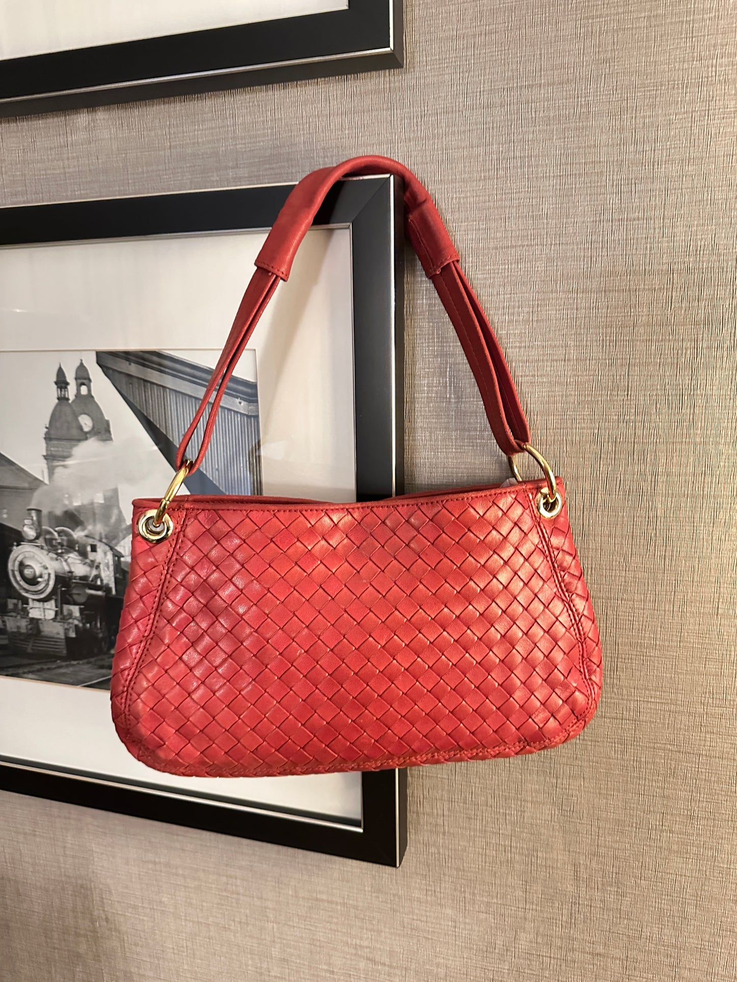 Vintage Bottega Veneta Intrecciato Red Shoulder Bag