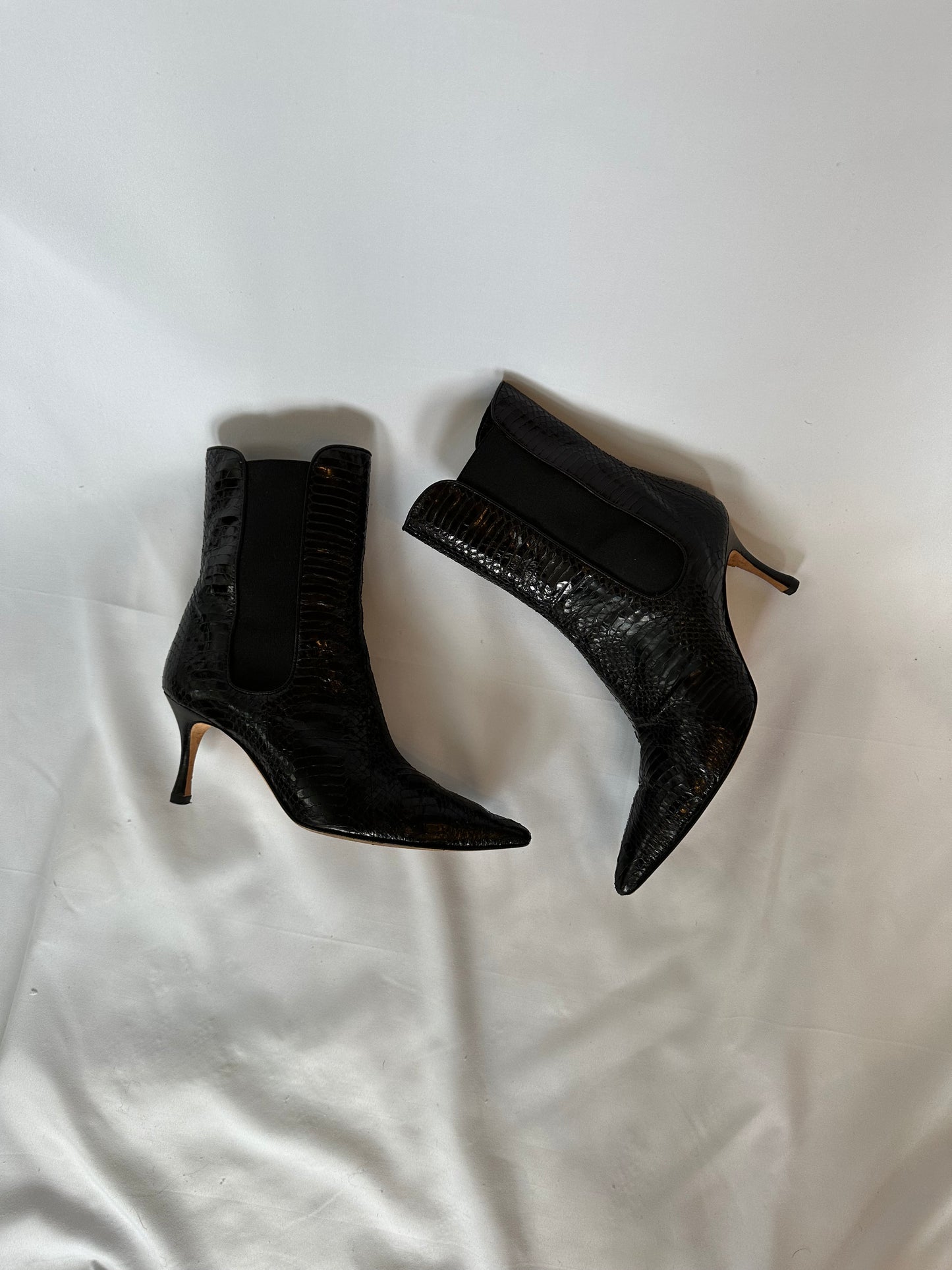 Manolo Blahnik Black Lizard Embossed Ankle Boots