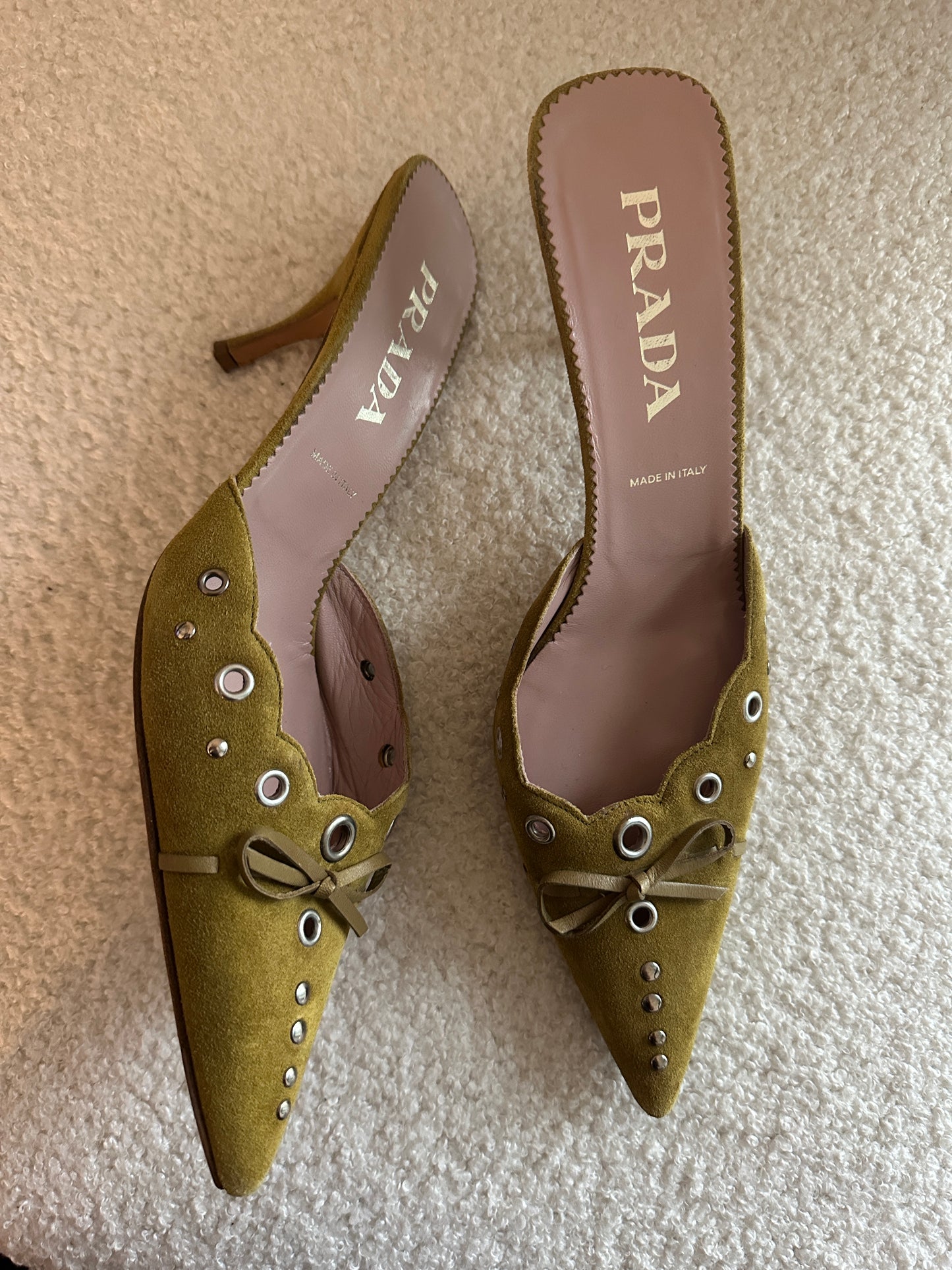 Vintage Prada Green Suede Grommet Mules