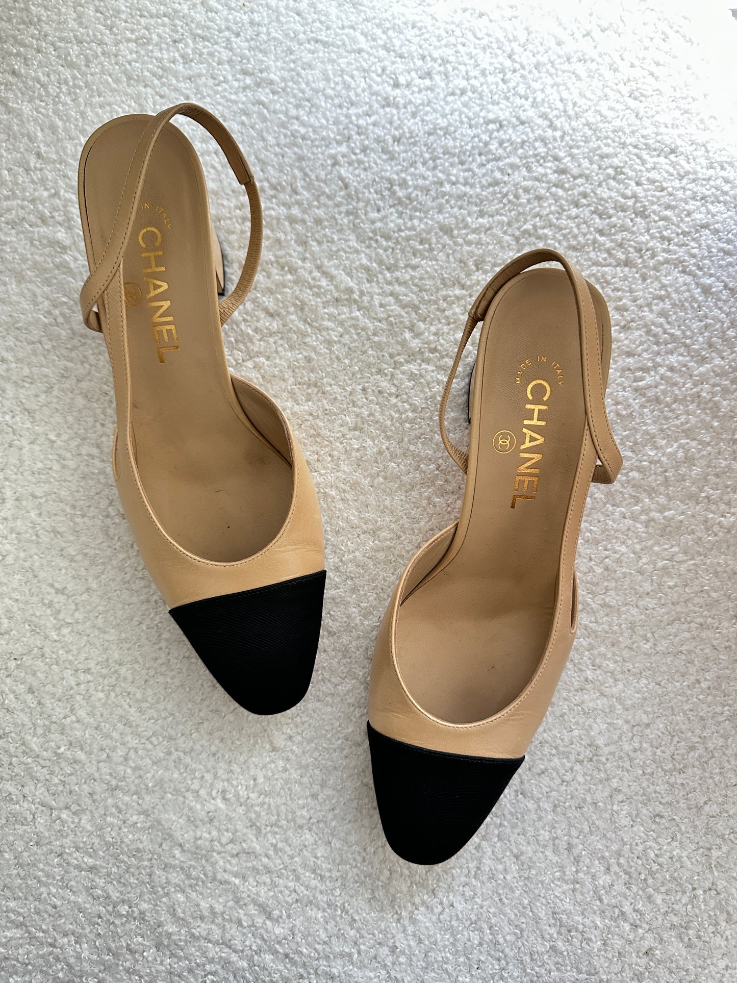 Chanel Beige & Black Slingback Heels