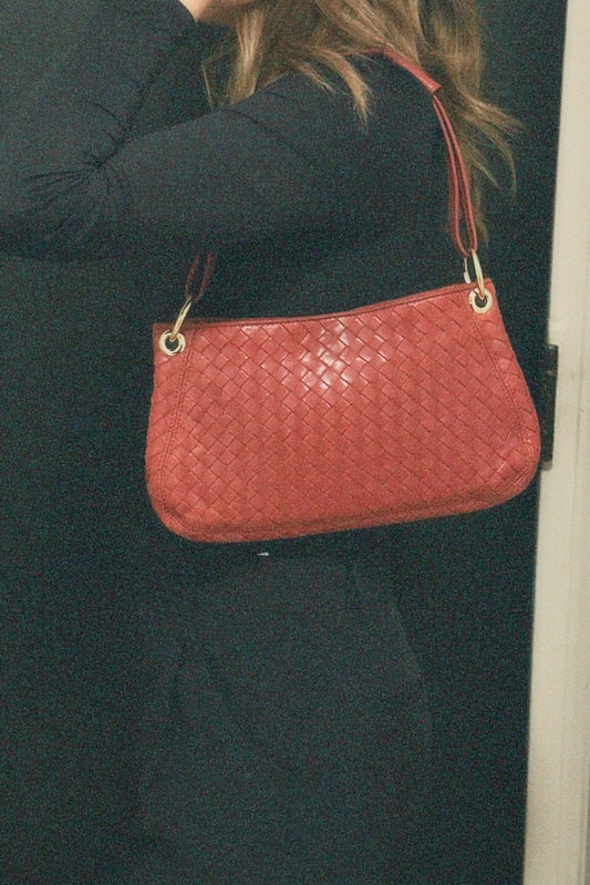 Vintage Bottega Veneta Intrecciato Red Shoulder Bag