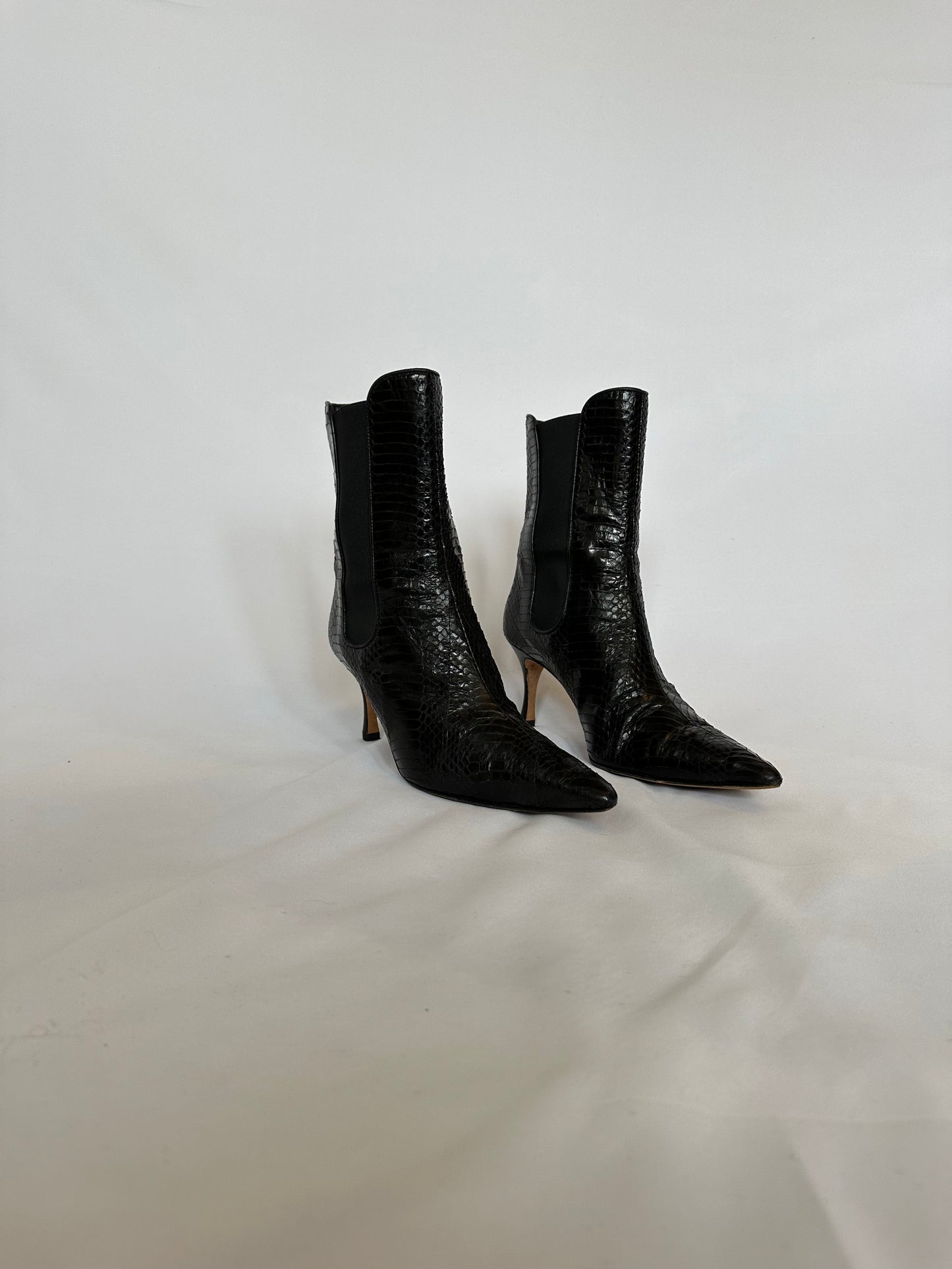 Manolo Blahnik Black Lizard Embossed Ankle Boots