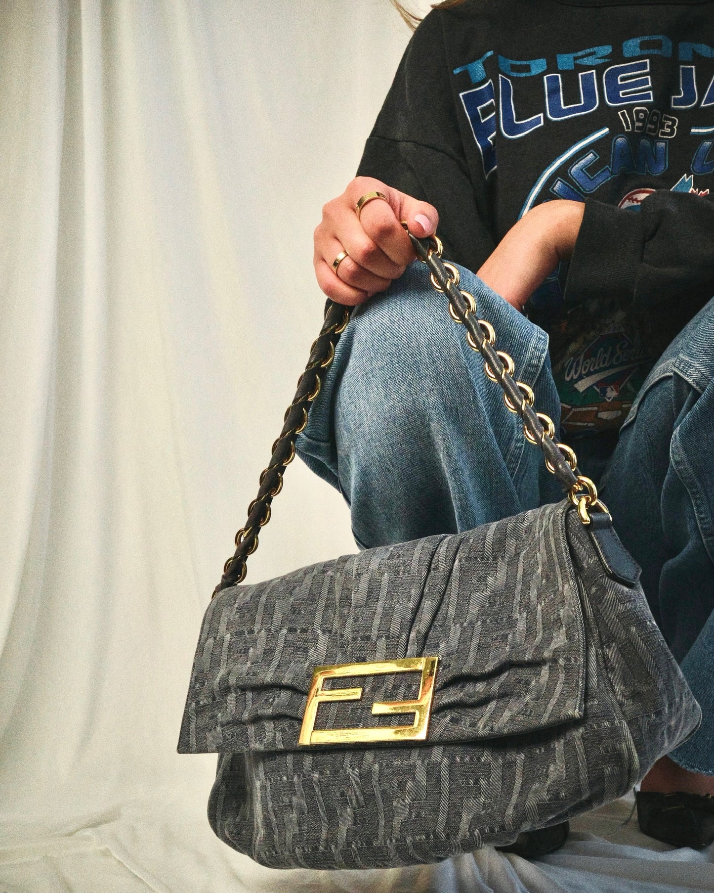 Vintage Fendi Denim Zucca Mia Flap Bag