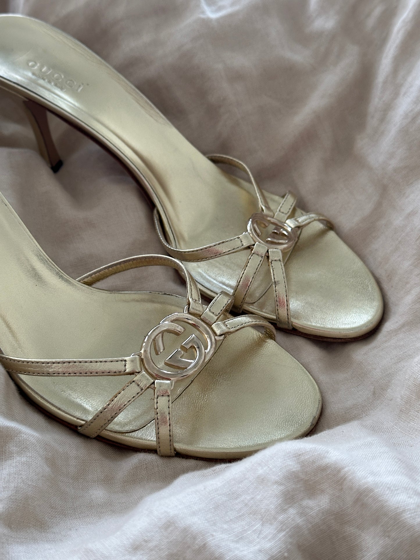 Vintage Gucci Metallic Gold GG Logo Sandals 8.5