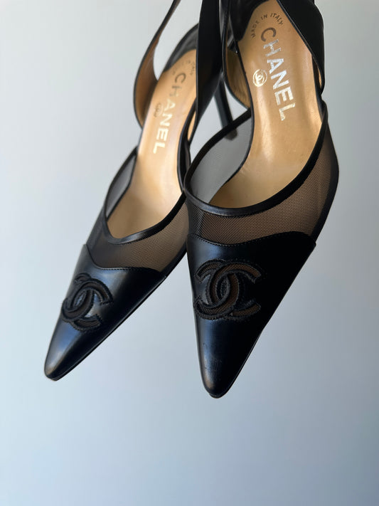 Vintage Chanel Black Mesh Slingbacks