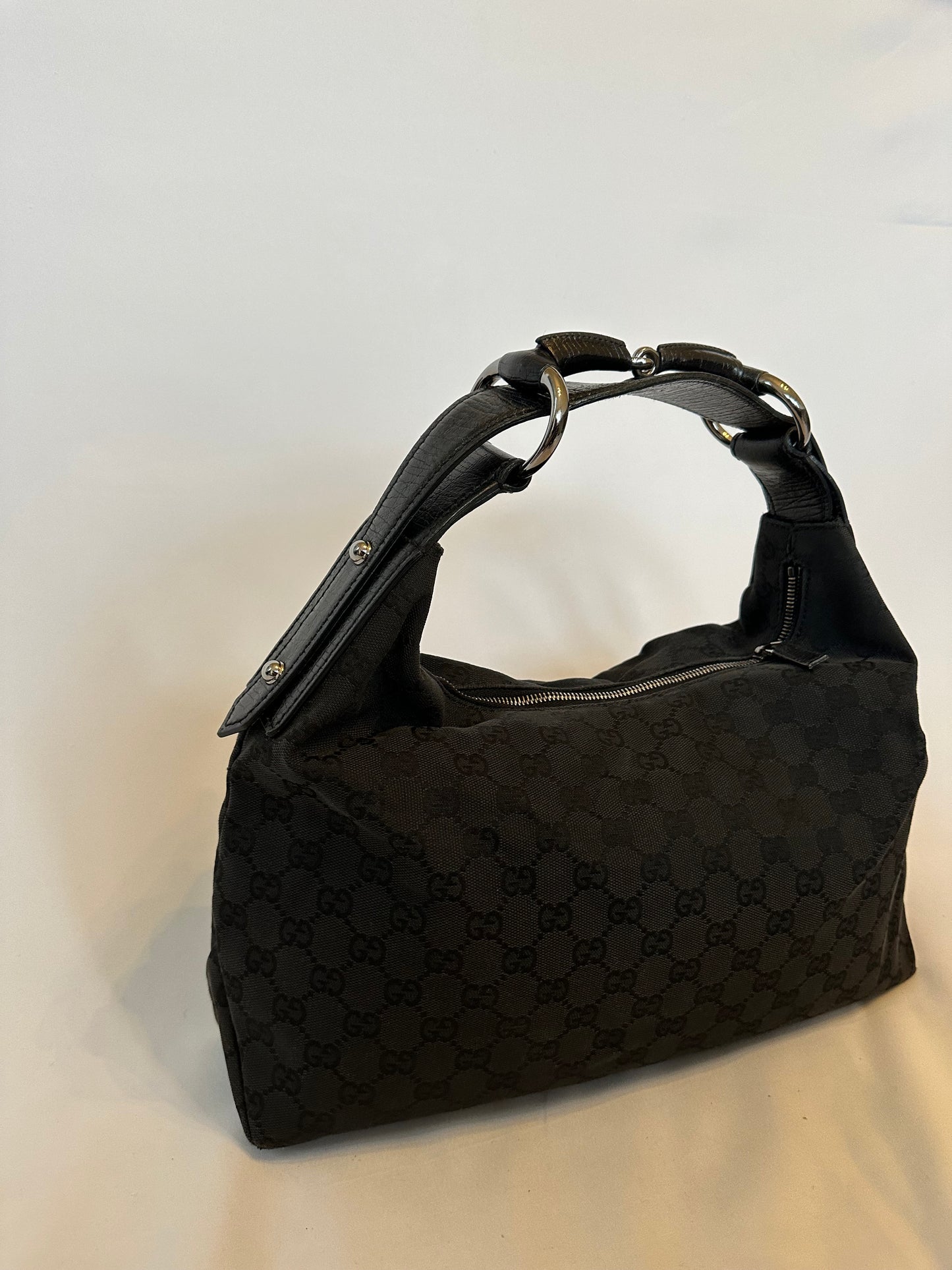 Vintage Gucci Black Monogram Horsebit Hobo Bag