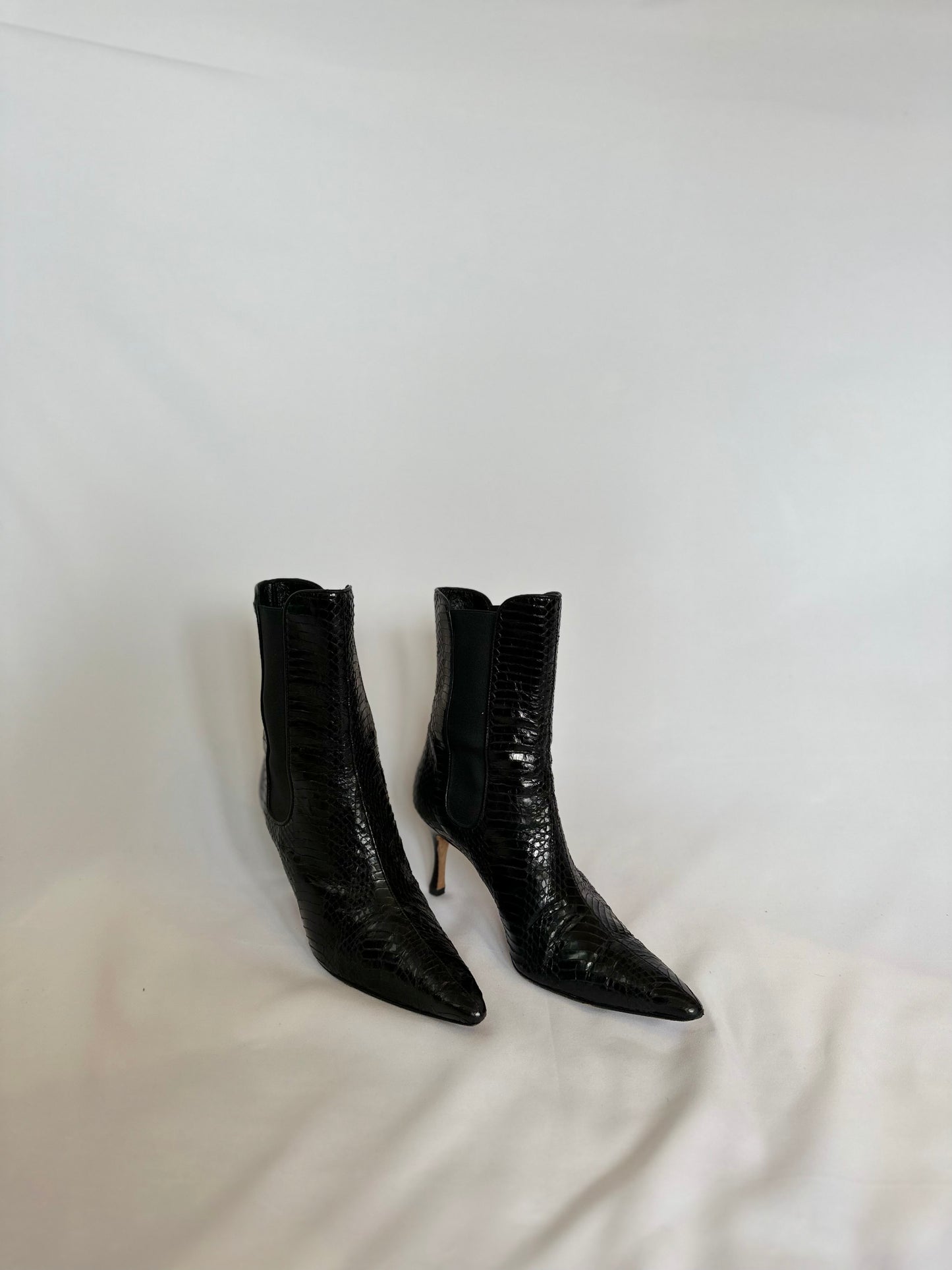 Manolo Blahnik Black Lizard Embossed Ankle Boots