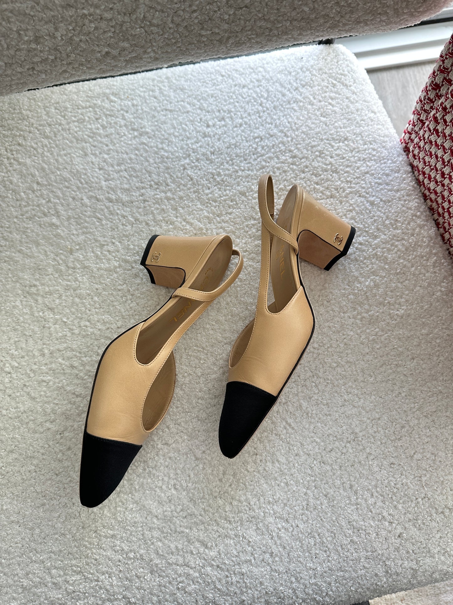 Chanel Beige & Black Slingback Heels