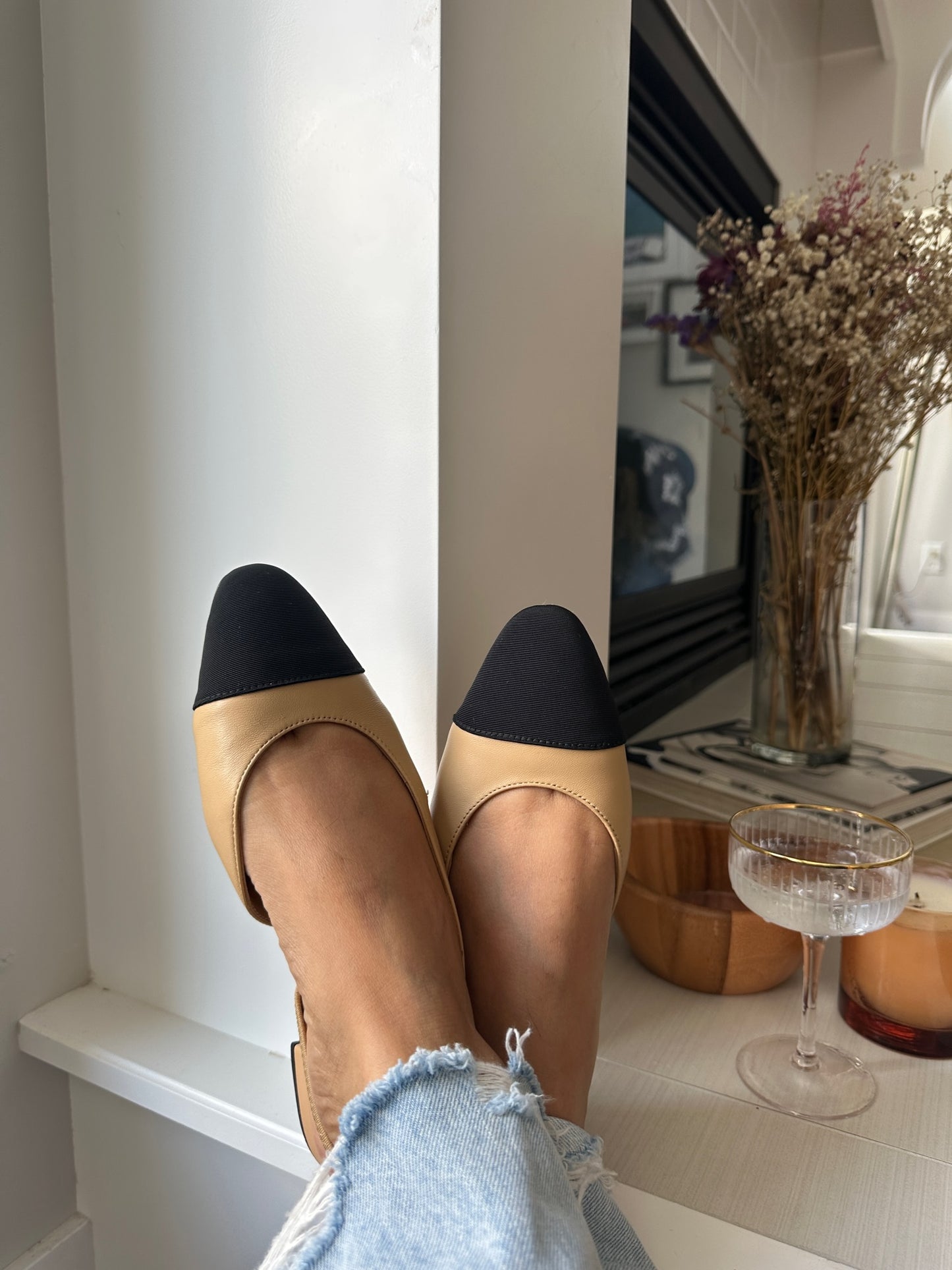 Chanel Beige & Black Slingback Flats