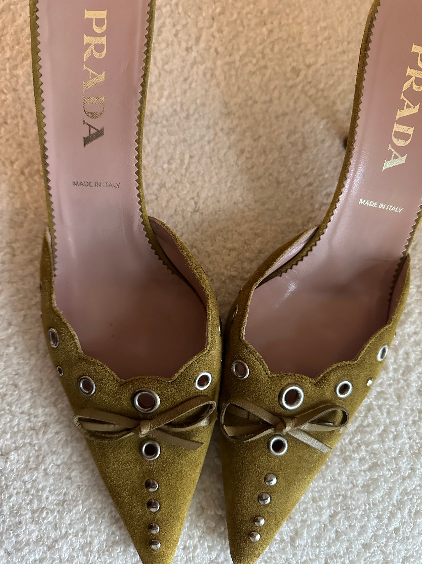 Vintage Prada Green Suede Grommet Mules