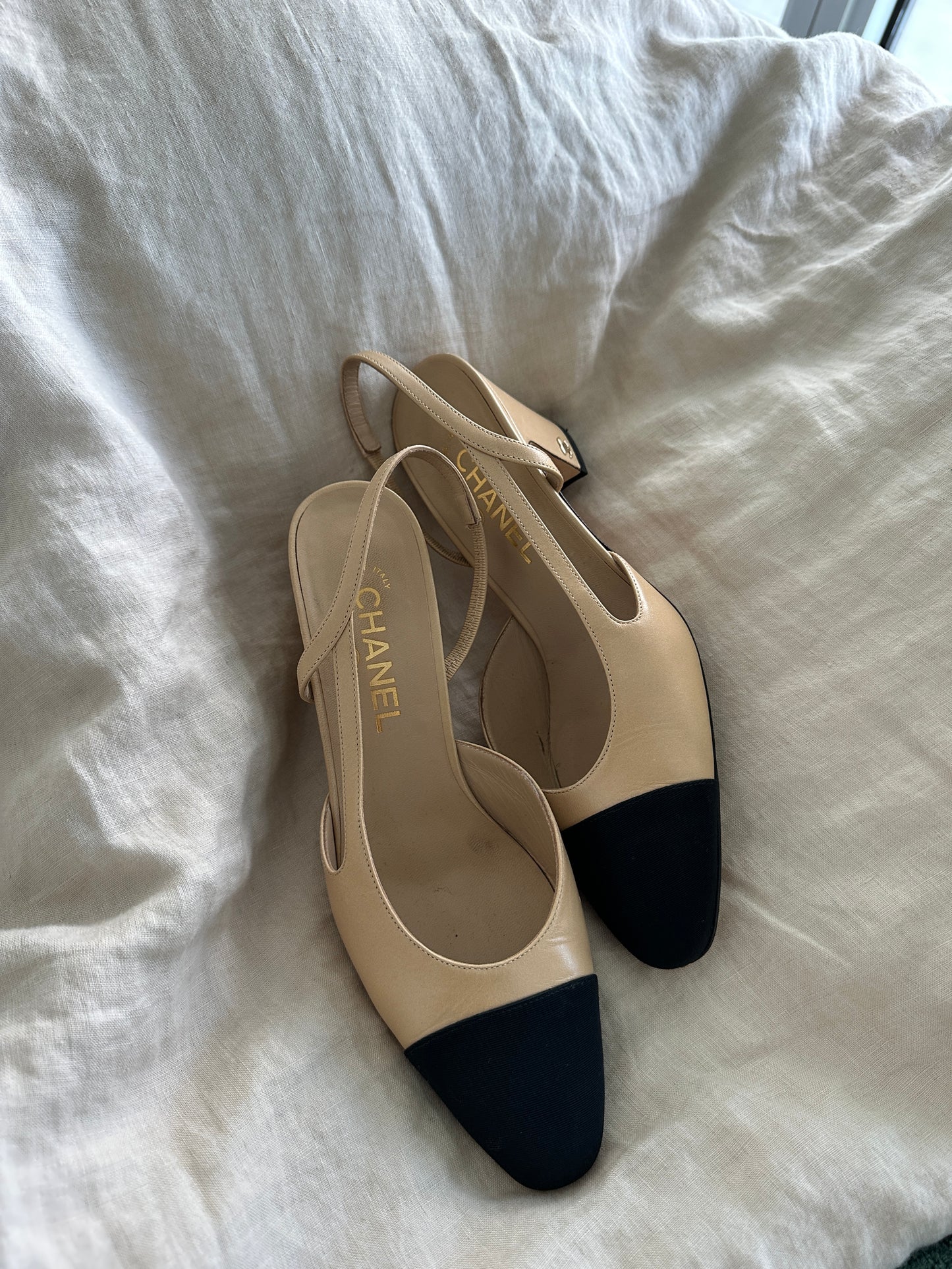 Chanel Beige & Black Slingback Heels