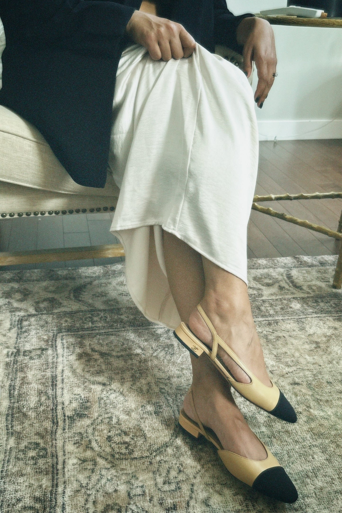 Chanel Beige & Black Slingback Flats