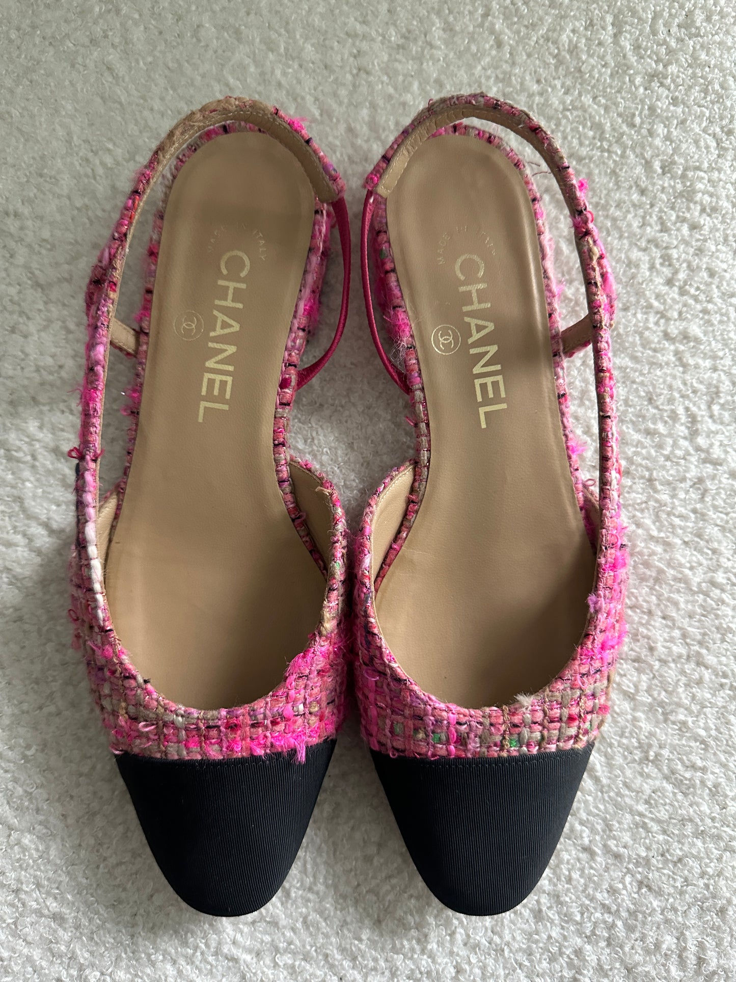 Chanel Pink & Black Tweed Slingback Flats