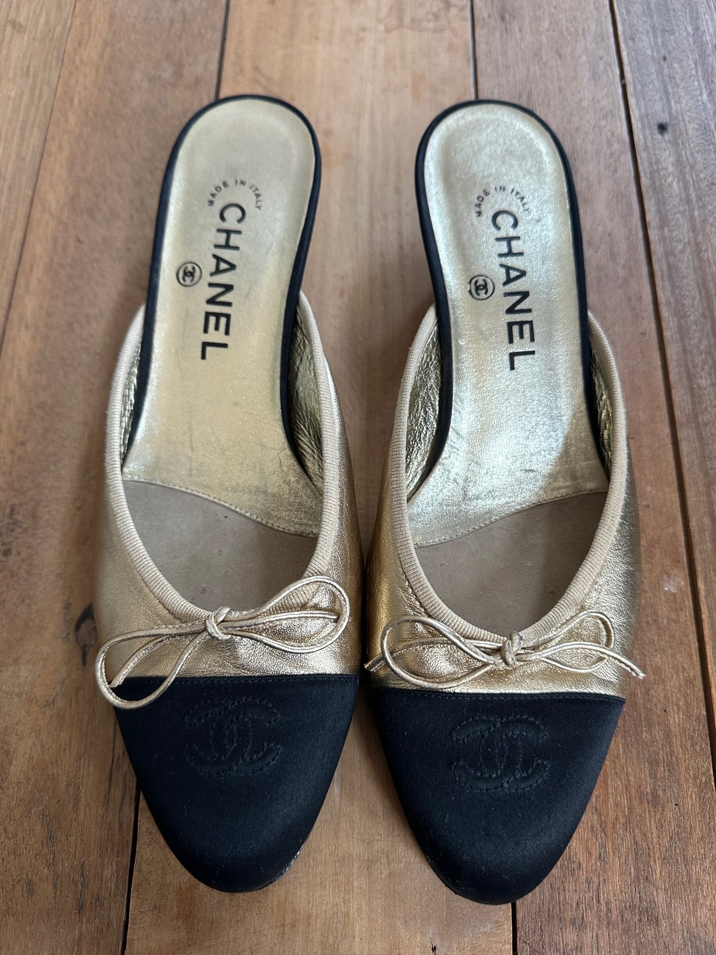 Vintage Chanel Gold & Black Ballerina Mules