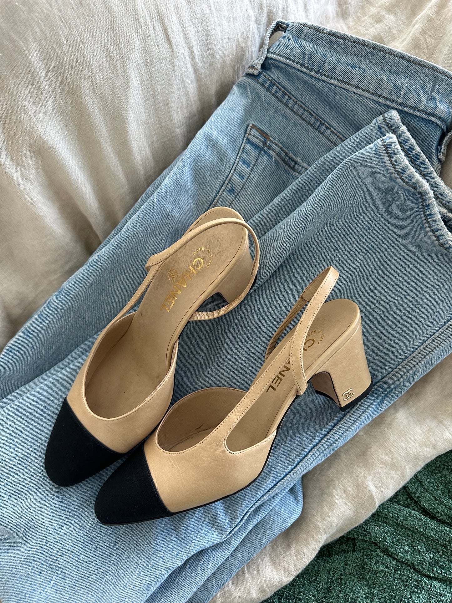 Chanel Beige & Black Slingback Heels