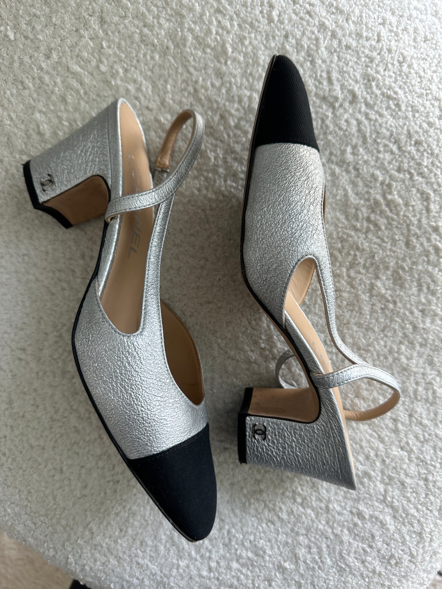 Chanel Silver & Black Slingback Heels