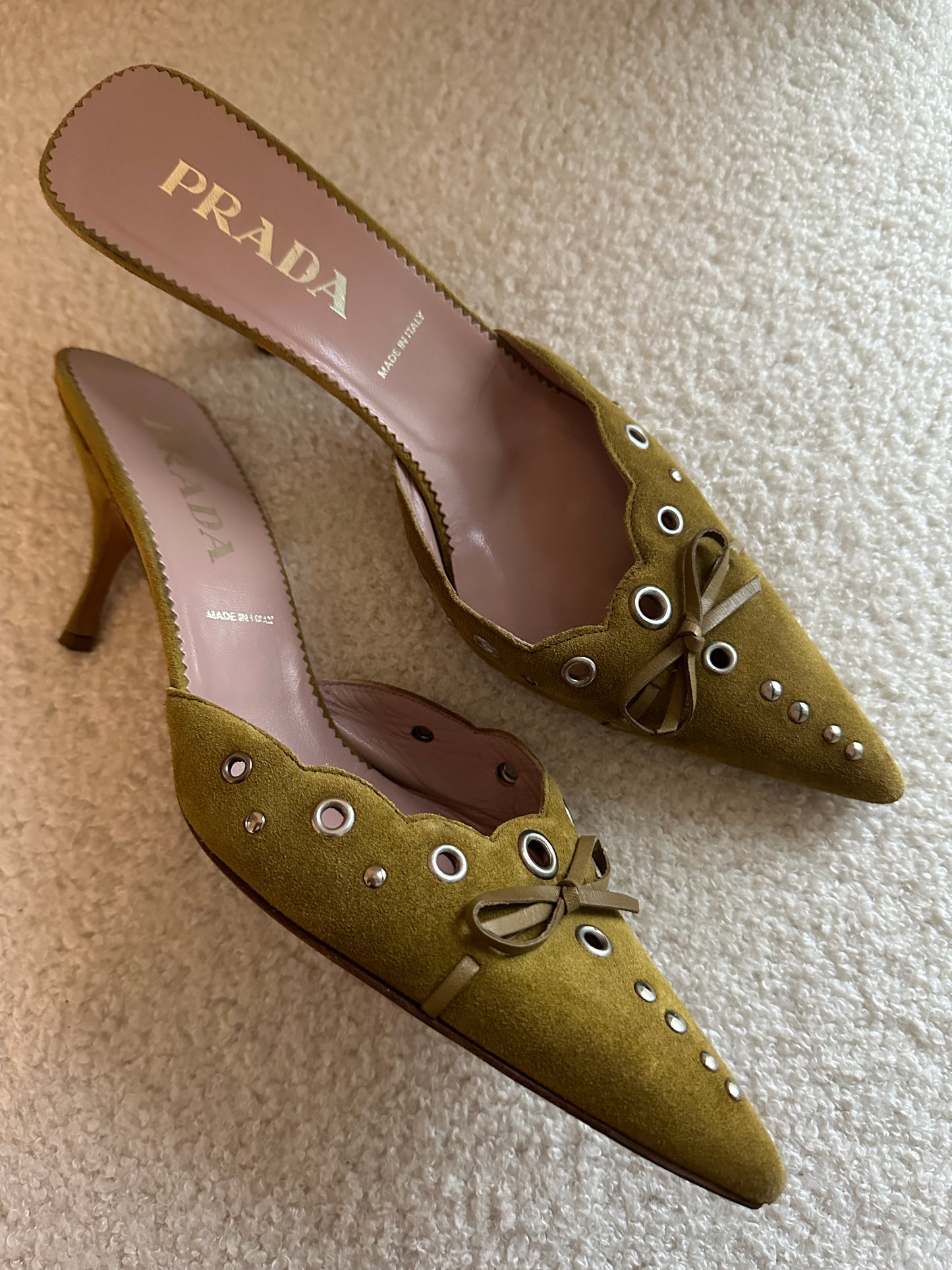 Vintage Prada Green Suede Grommet Mules