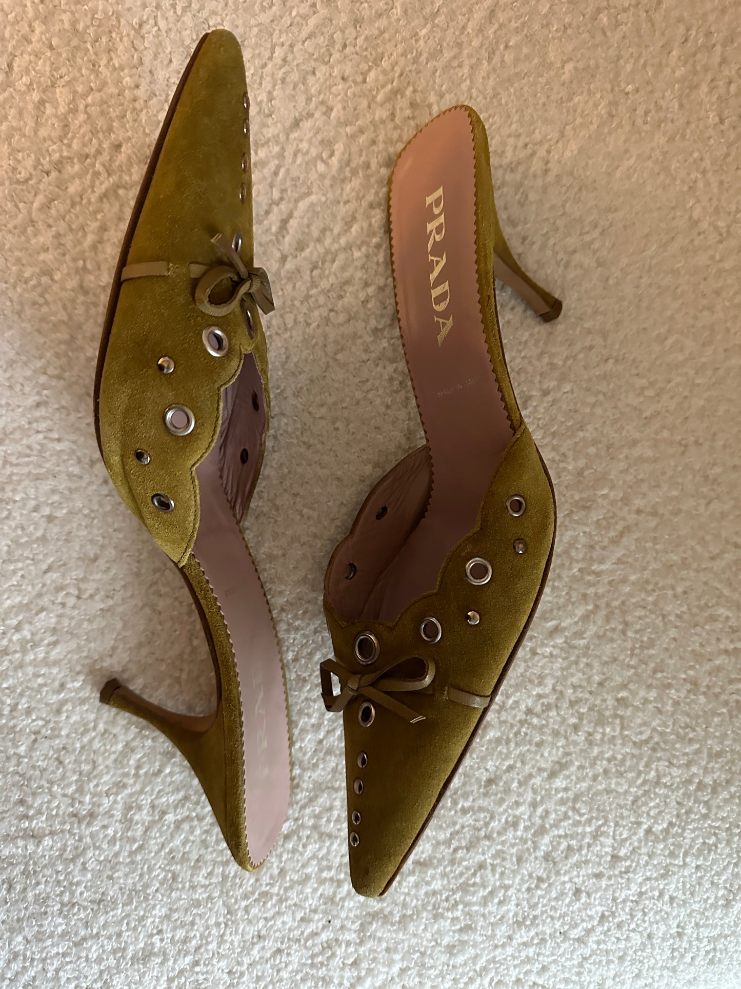 Vintage Prada Green Suede Grommet Mules