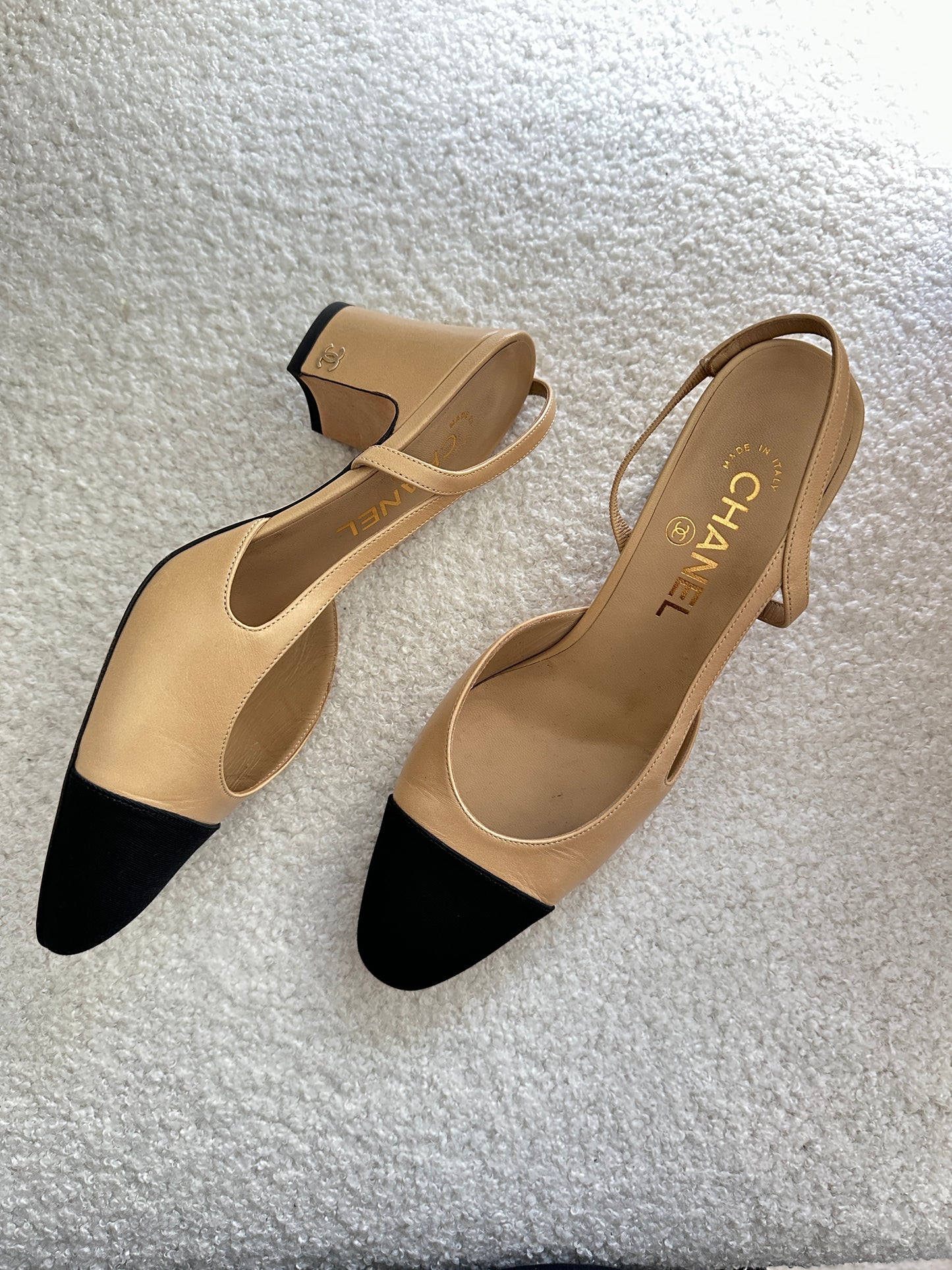 Chanel Beige & Black Slingback Heels