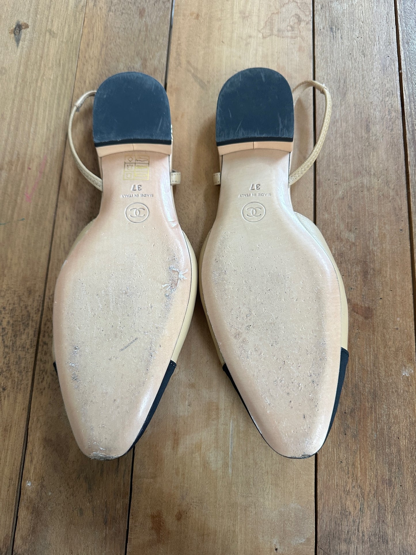 Chanel Beige & Black Slingback Flats