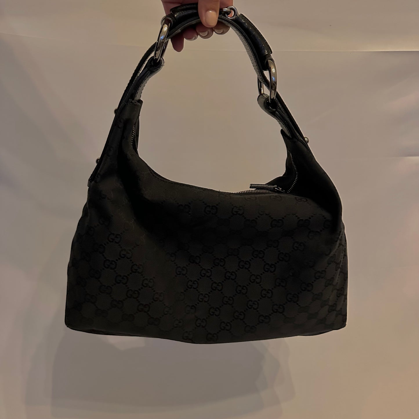 Vintage Gucci Black Monogram Horsebit Hobo Bag