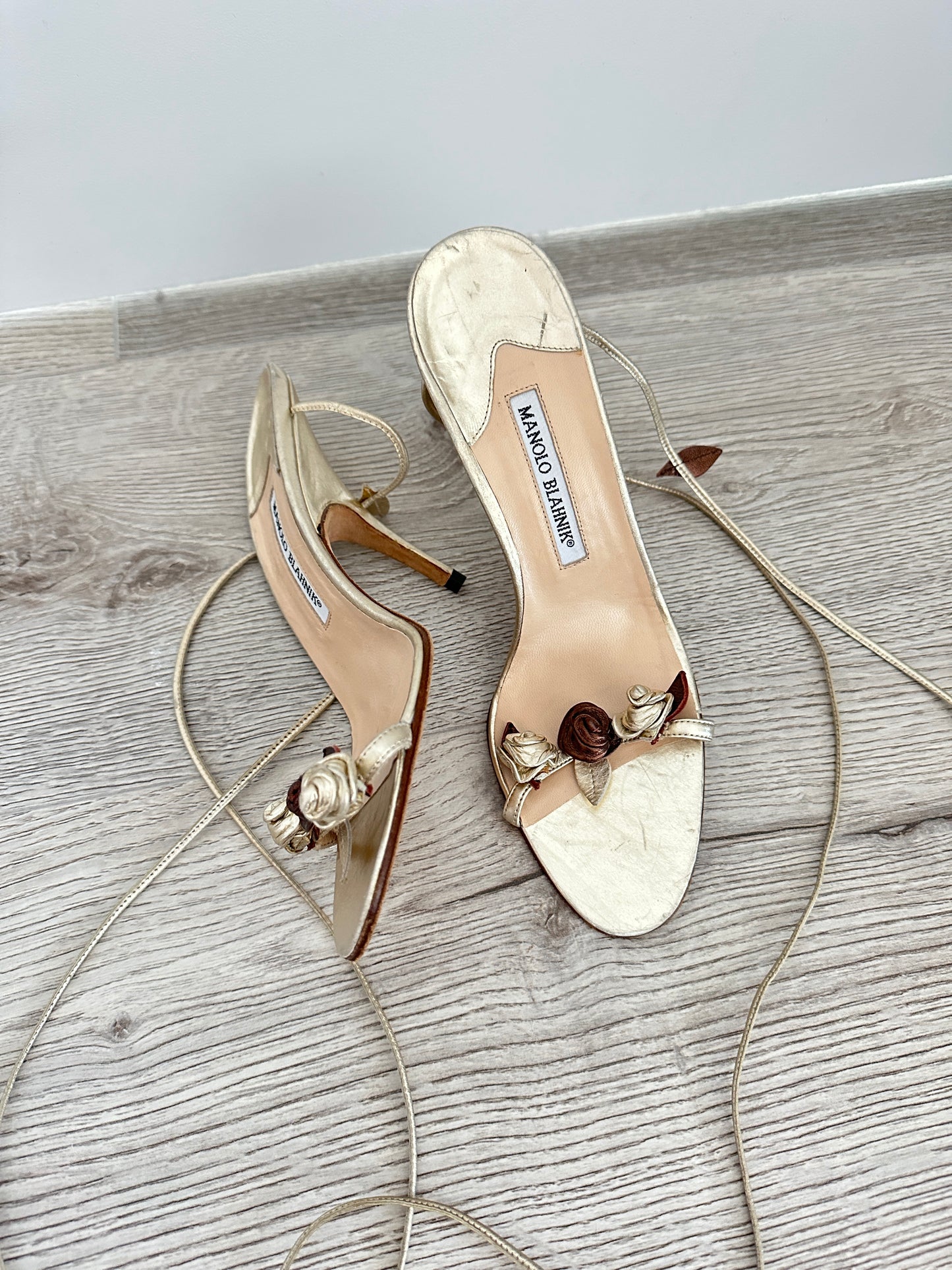 Vintage Manolo Blahnik Gold Rose Sandals