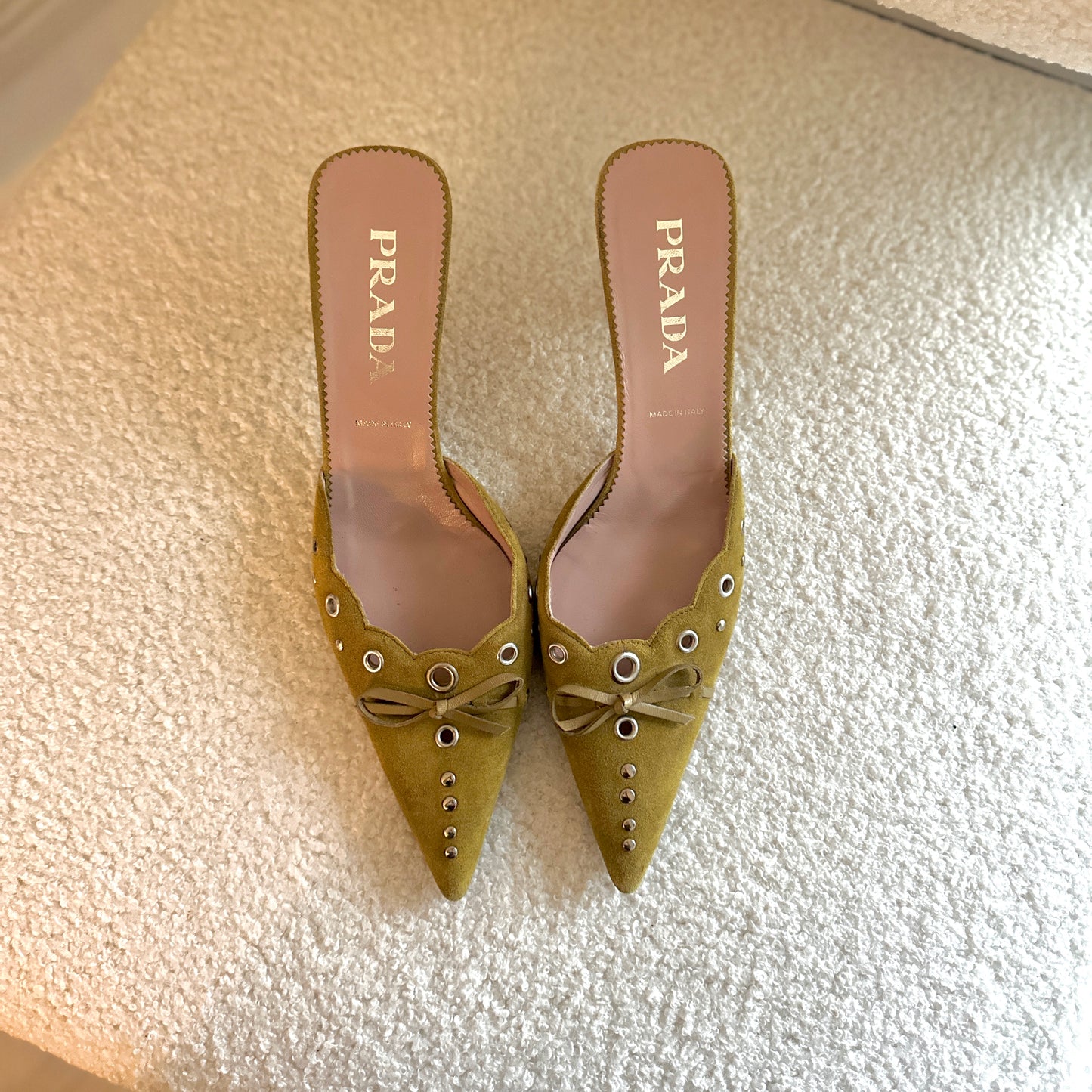 Vintage Prada Green Suede Grommet Mules