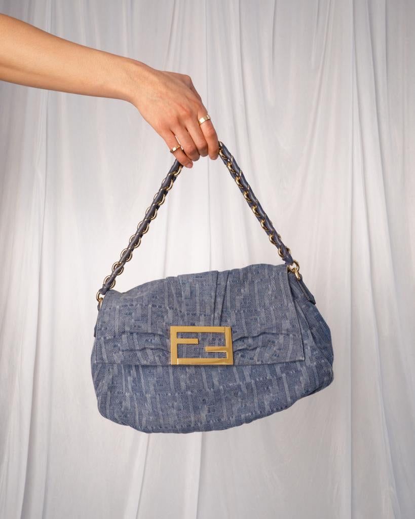 Vintage Fendi Denim Zucca Mia Flap Bag