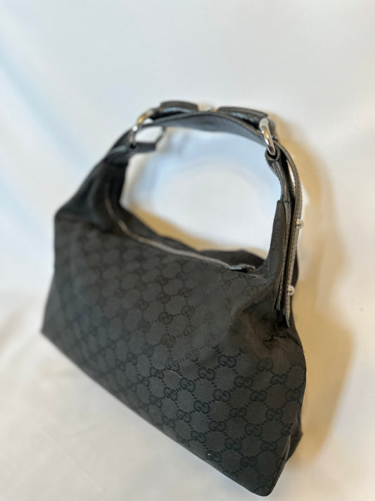 Vintage Gucci Black Monogram Horsebit Hobo Bag