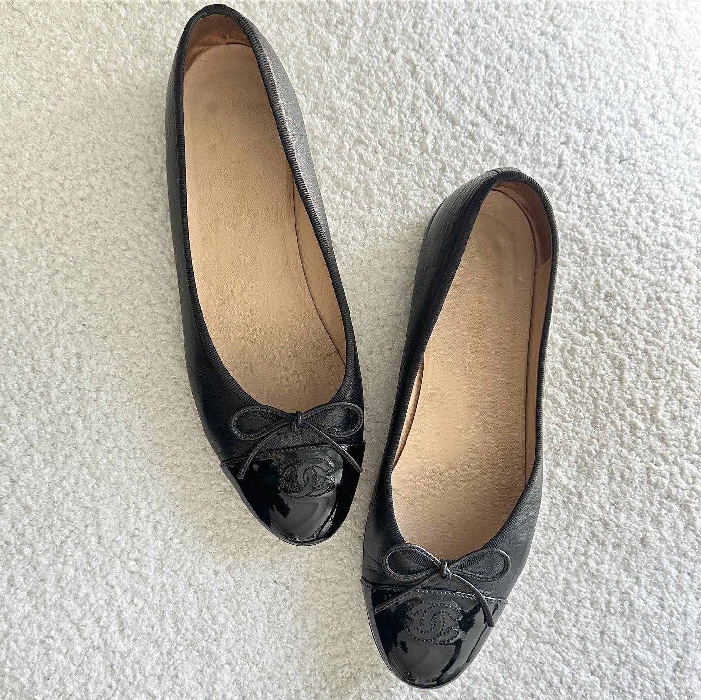 Chanel Black Leather/Patent Ballet Flats