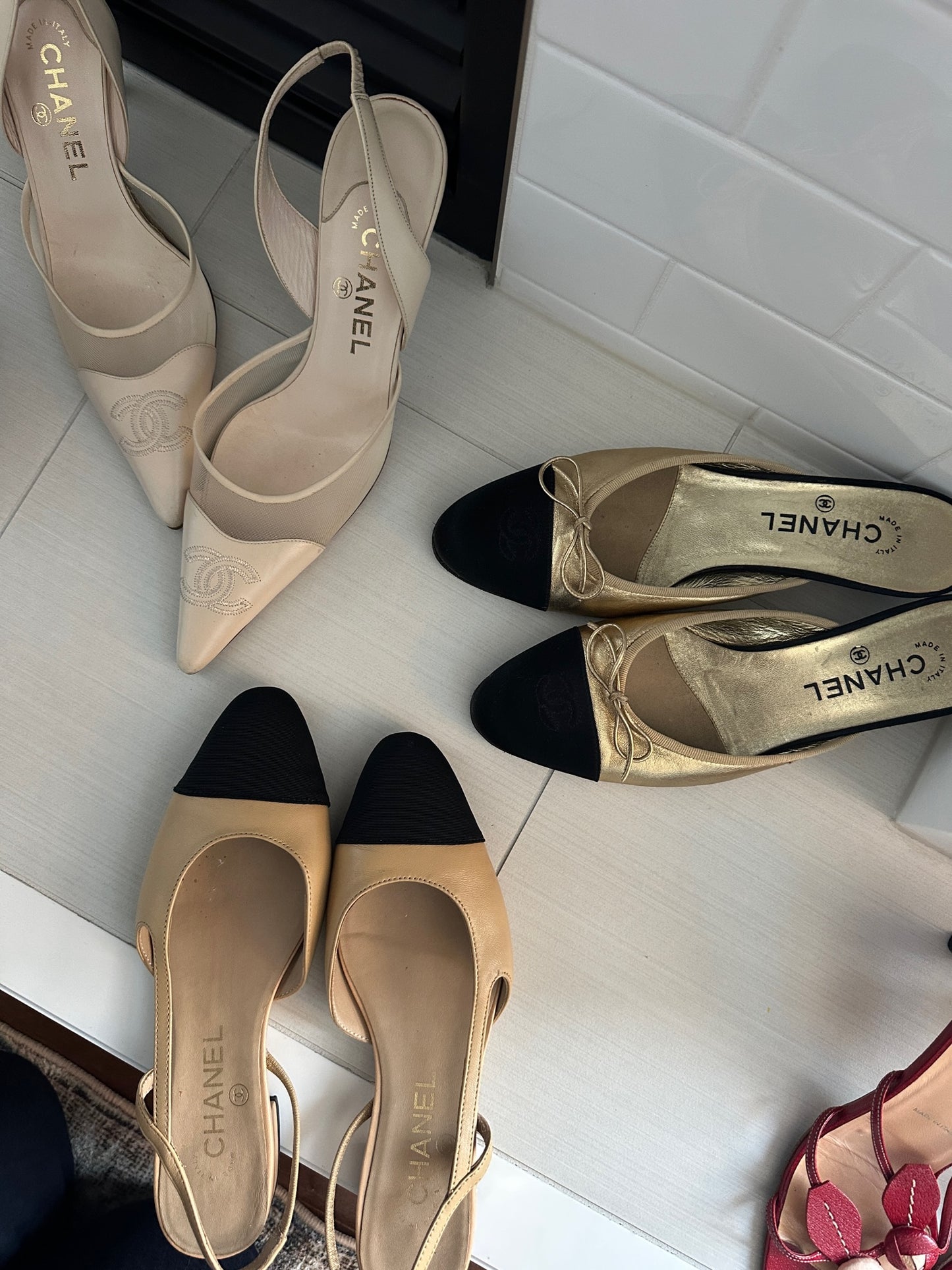 Chanel Beige & Black Slingback Flats