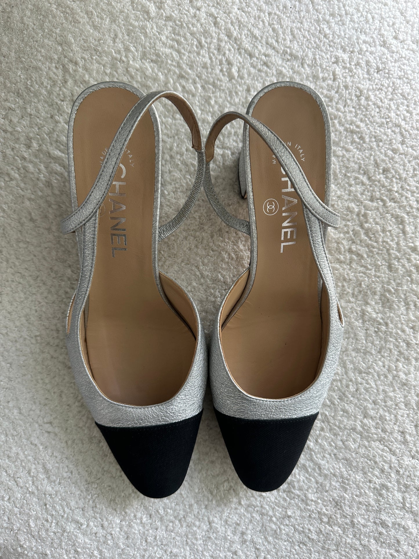 Chanel Silver & Black Slingback Heels