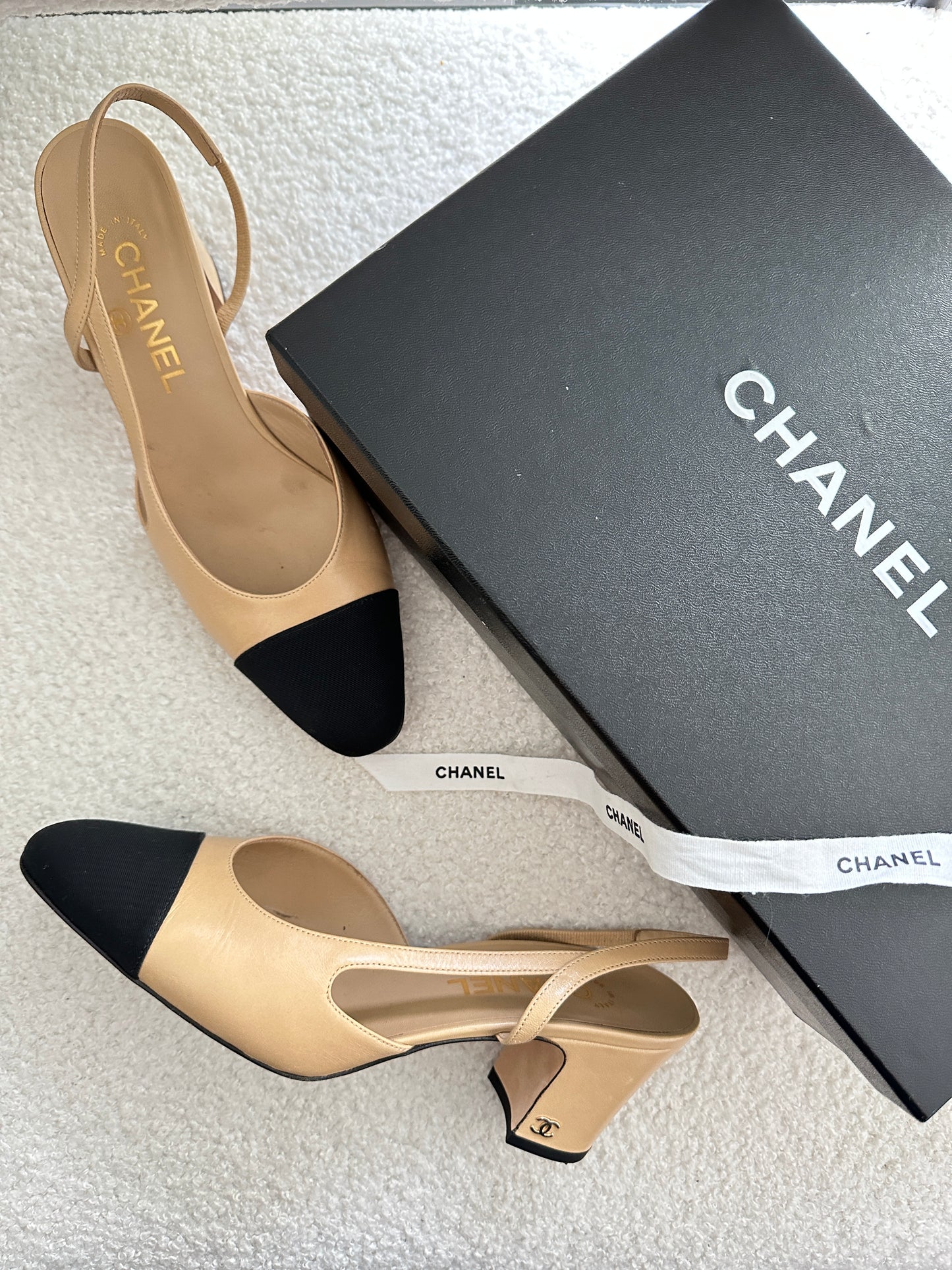 Chanel Beige & Black Slingback Heels