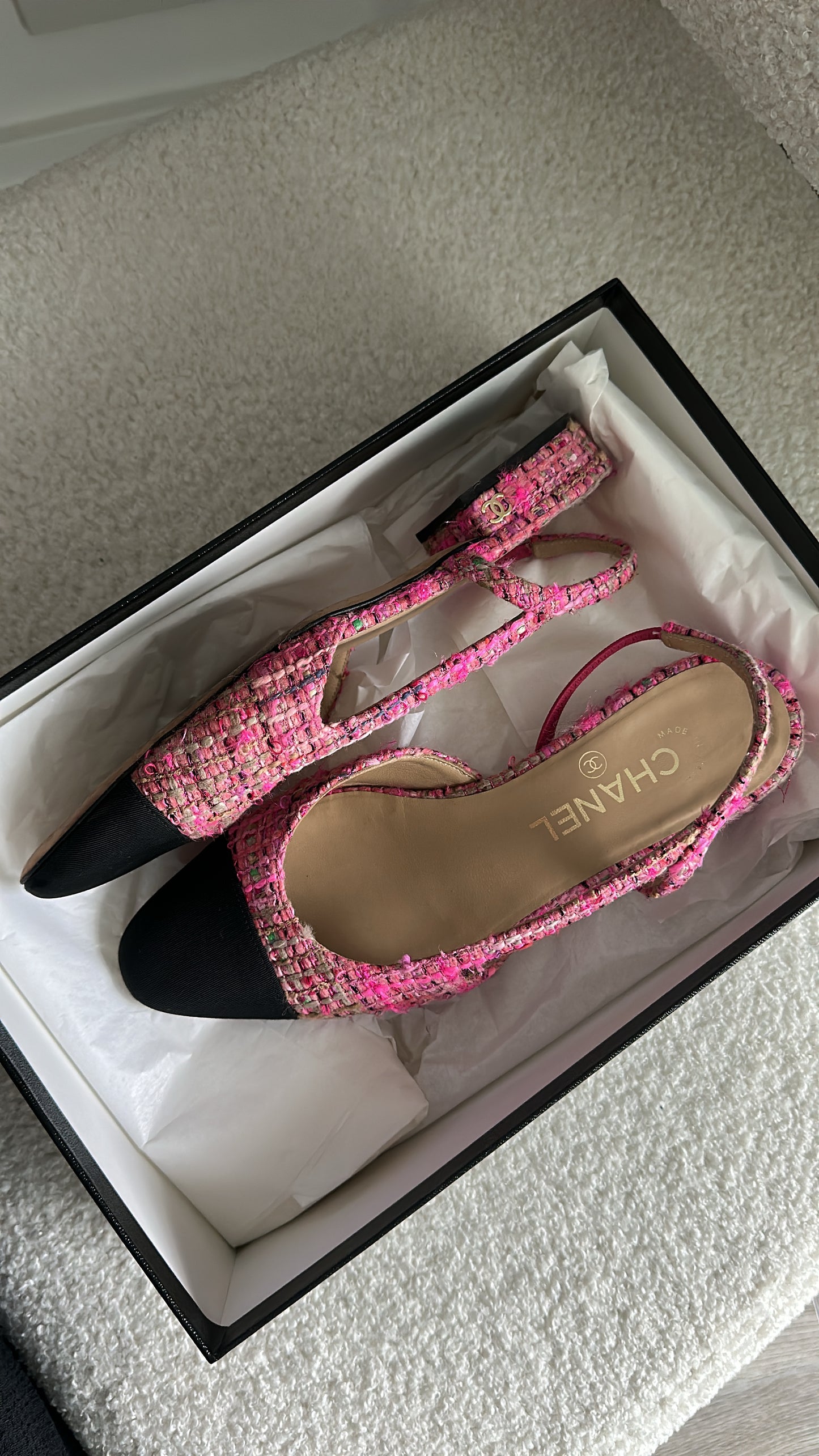 Chanel Pink & Black Tweed Slingback Flats