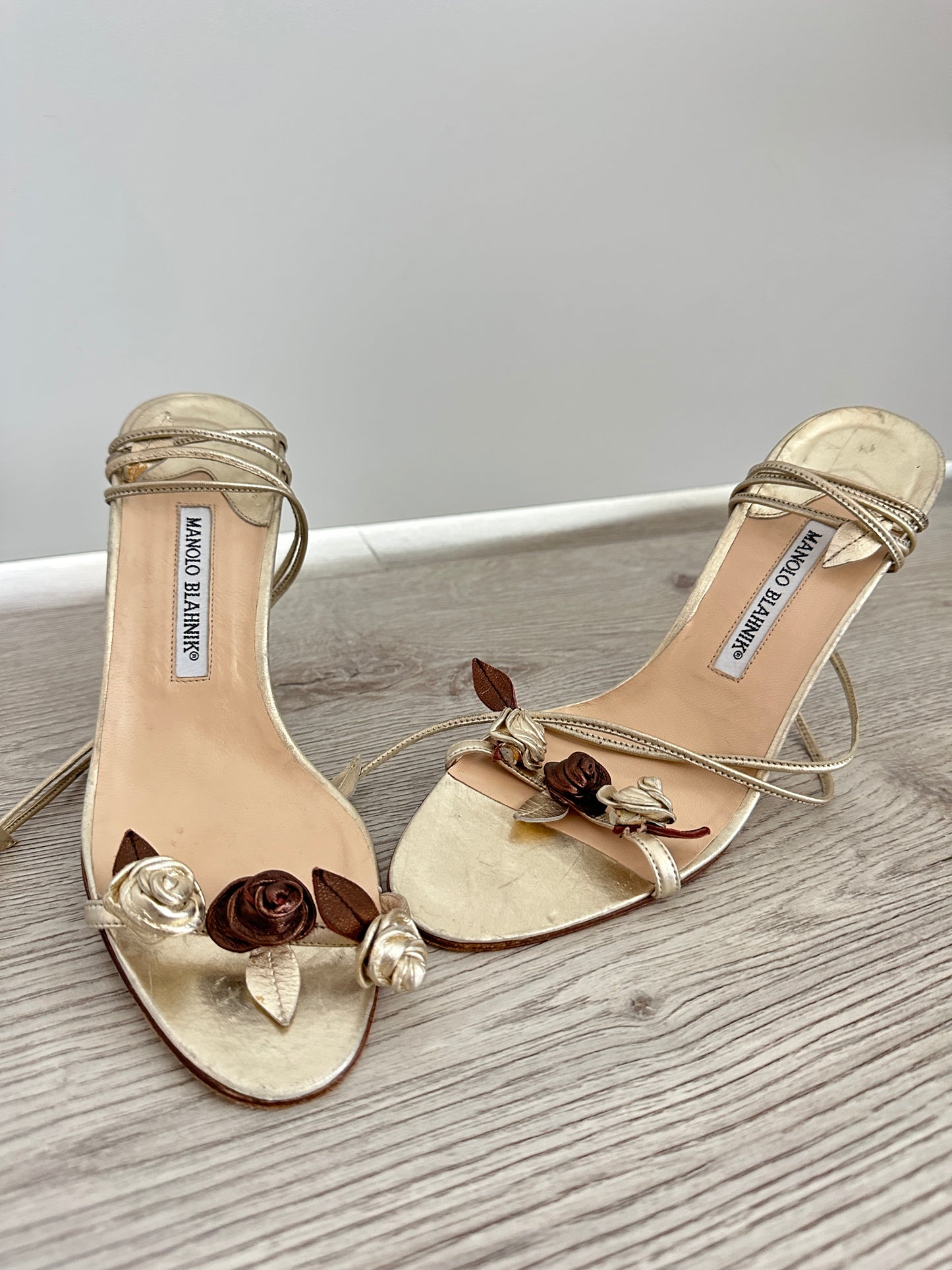 Vintage Manolo Blahnik Gold Rose Sandals