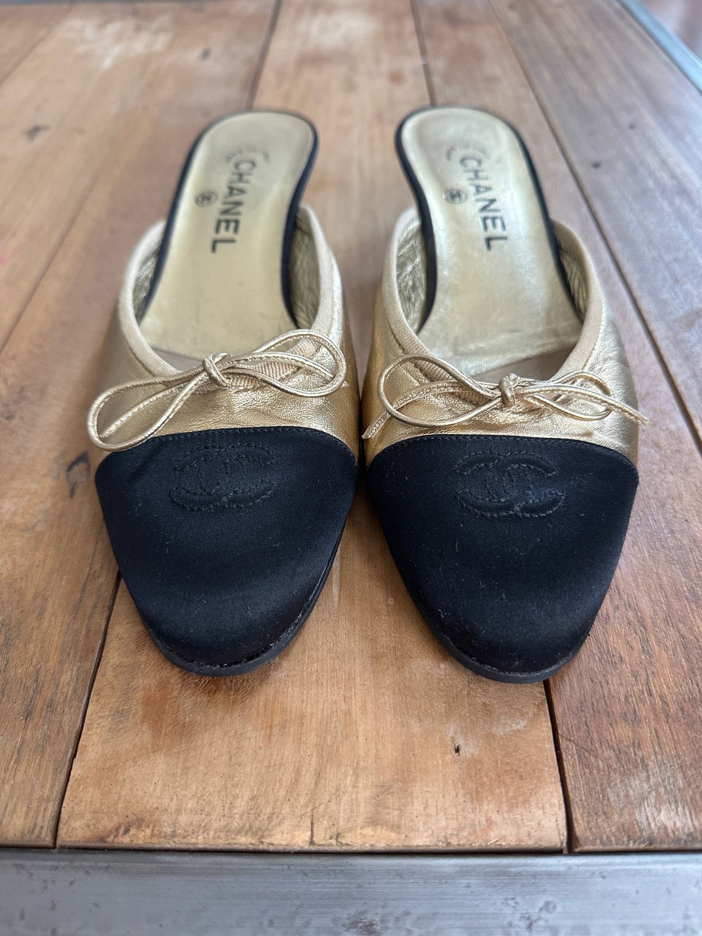 Vintage Chanel Gold & Black Ballerina Mules