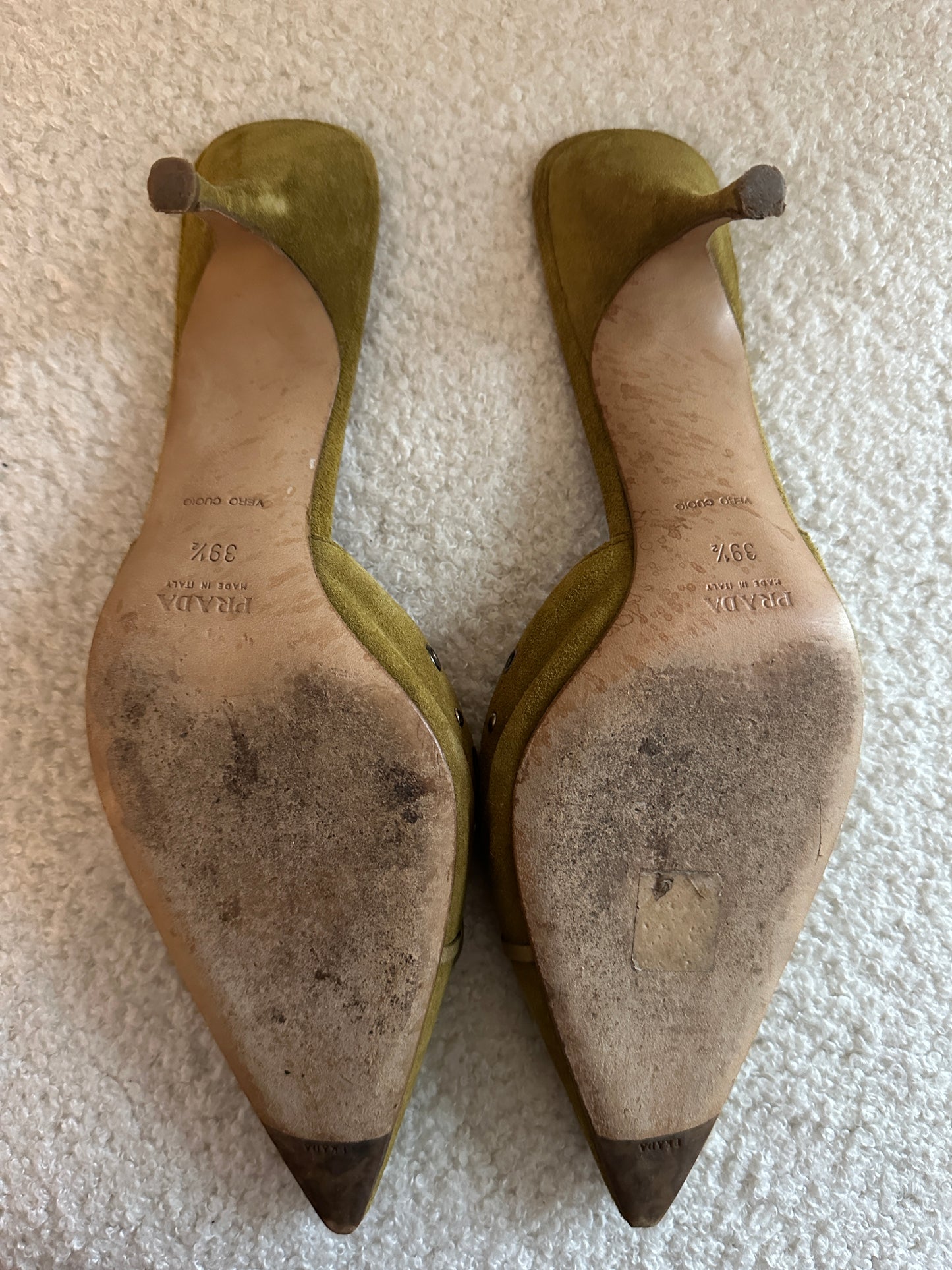 Vintage Prada Green Suede Grommet Mules