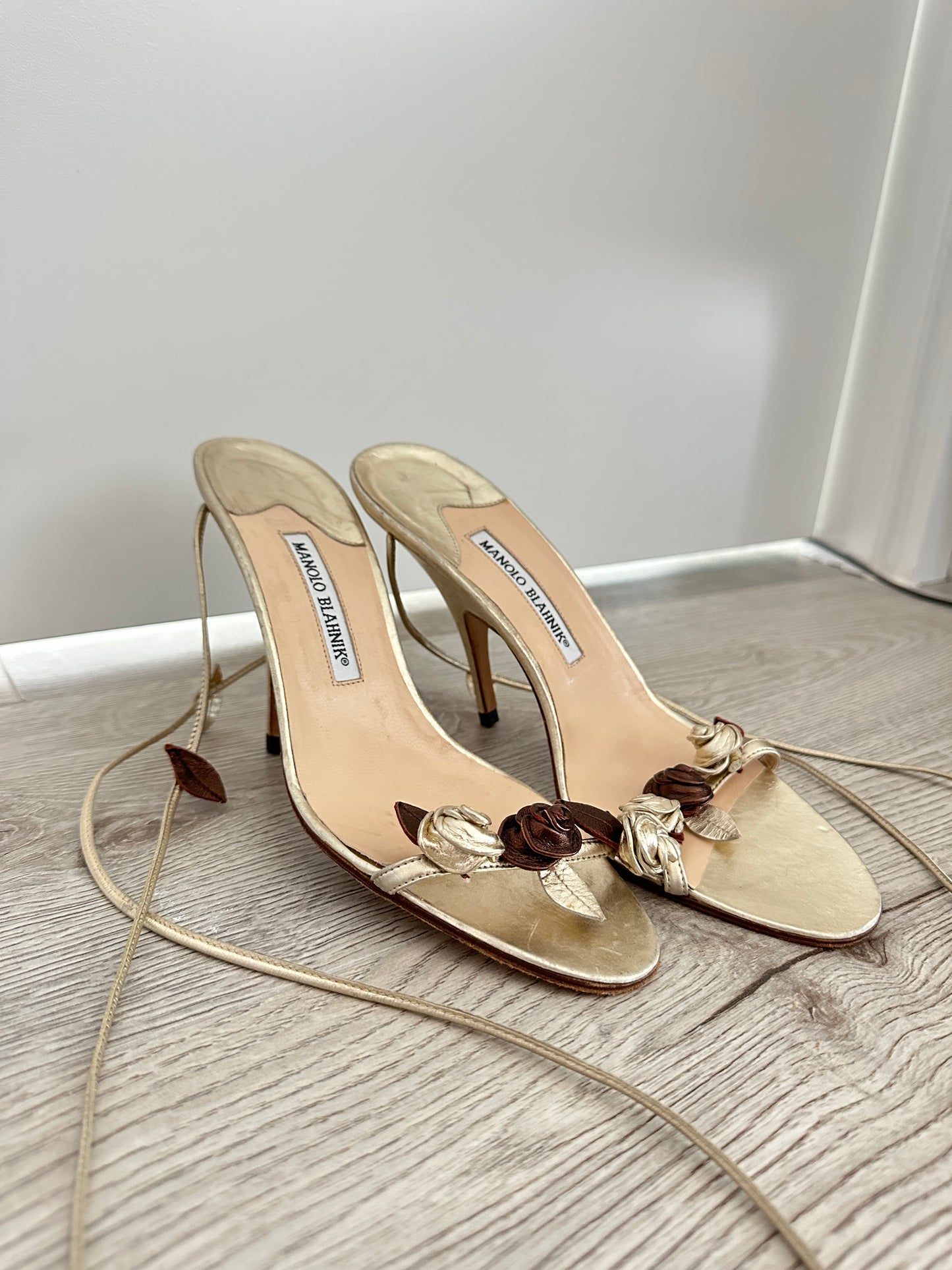 Vintage Manolo Blahnik Gold Rose Sandals