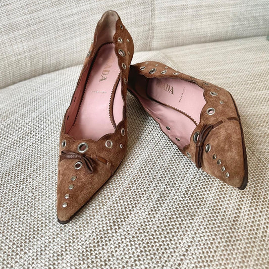 Vintage Prada Brown Suede Grommet Pumps