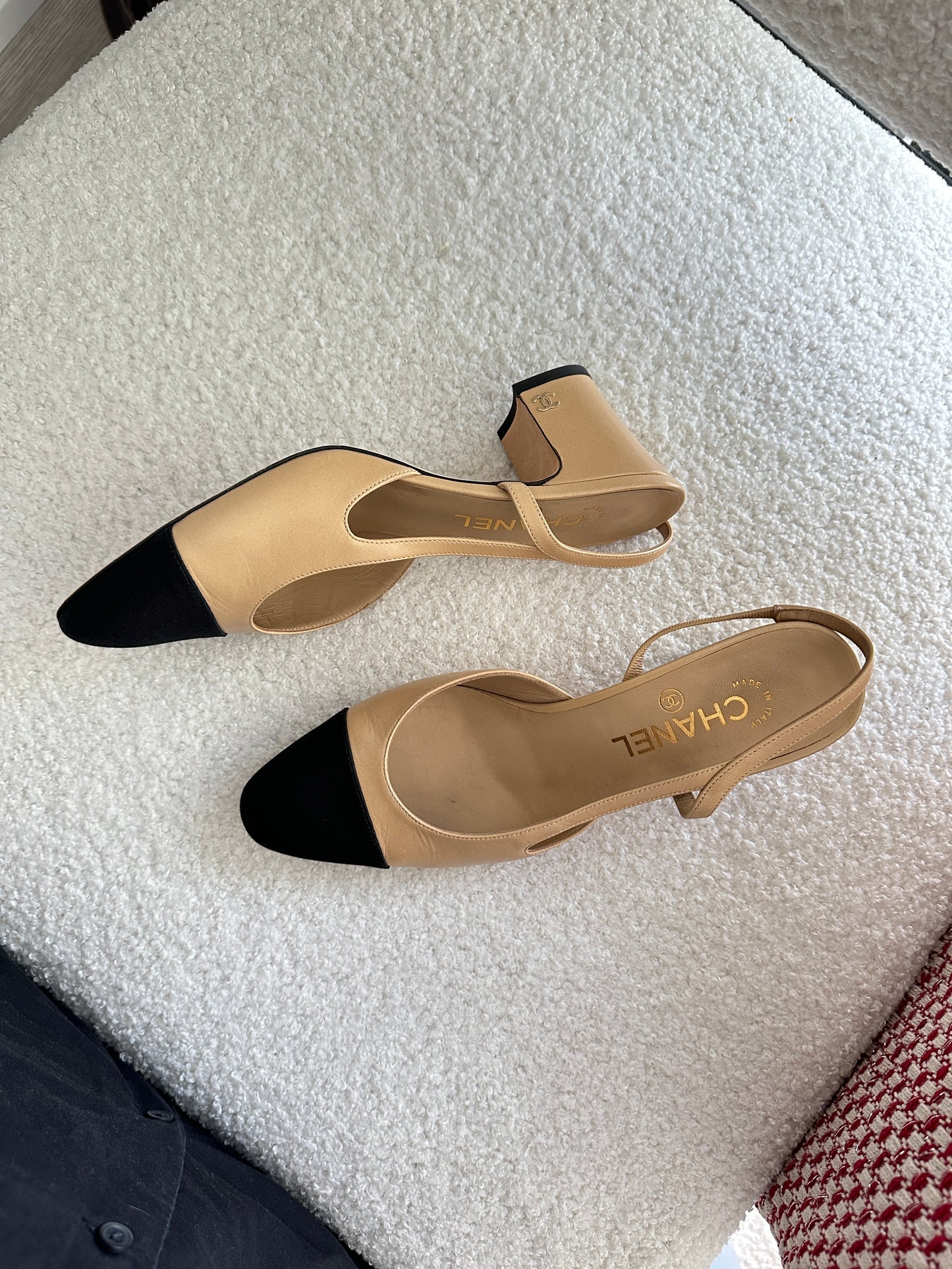 Chanel Beige & Black Slingback Heels