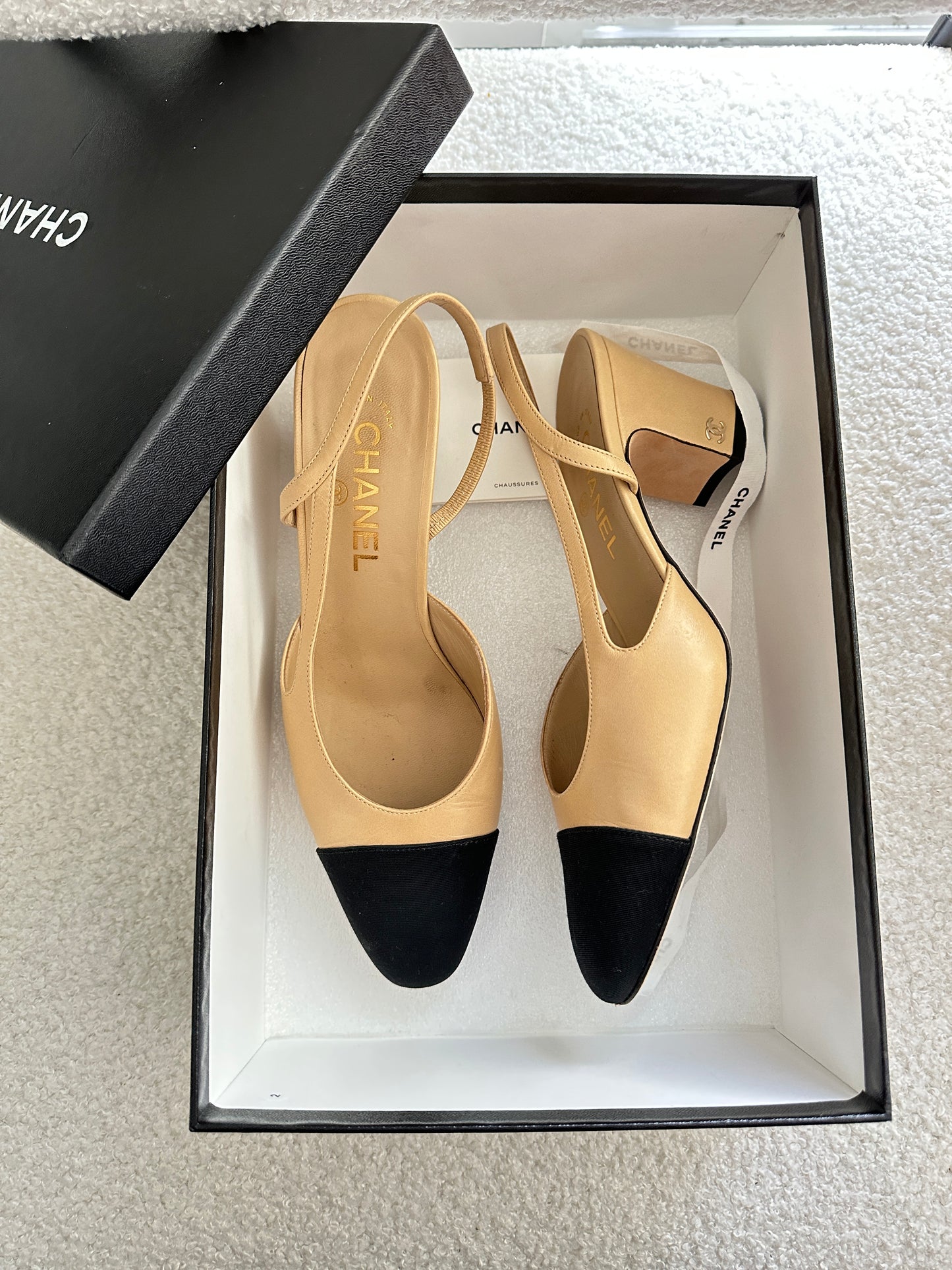 Chanel Beige & Black Slingback Heels