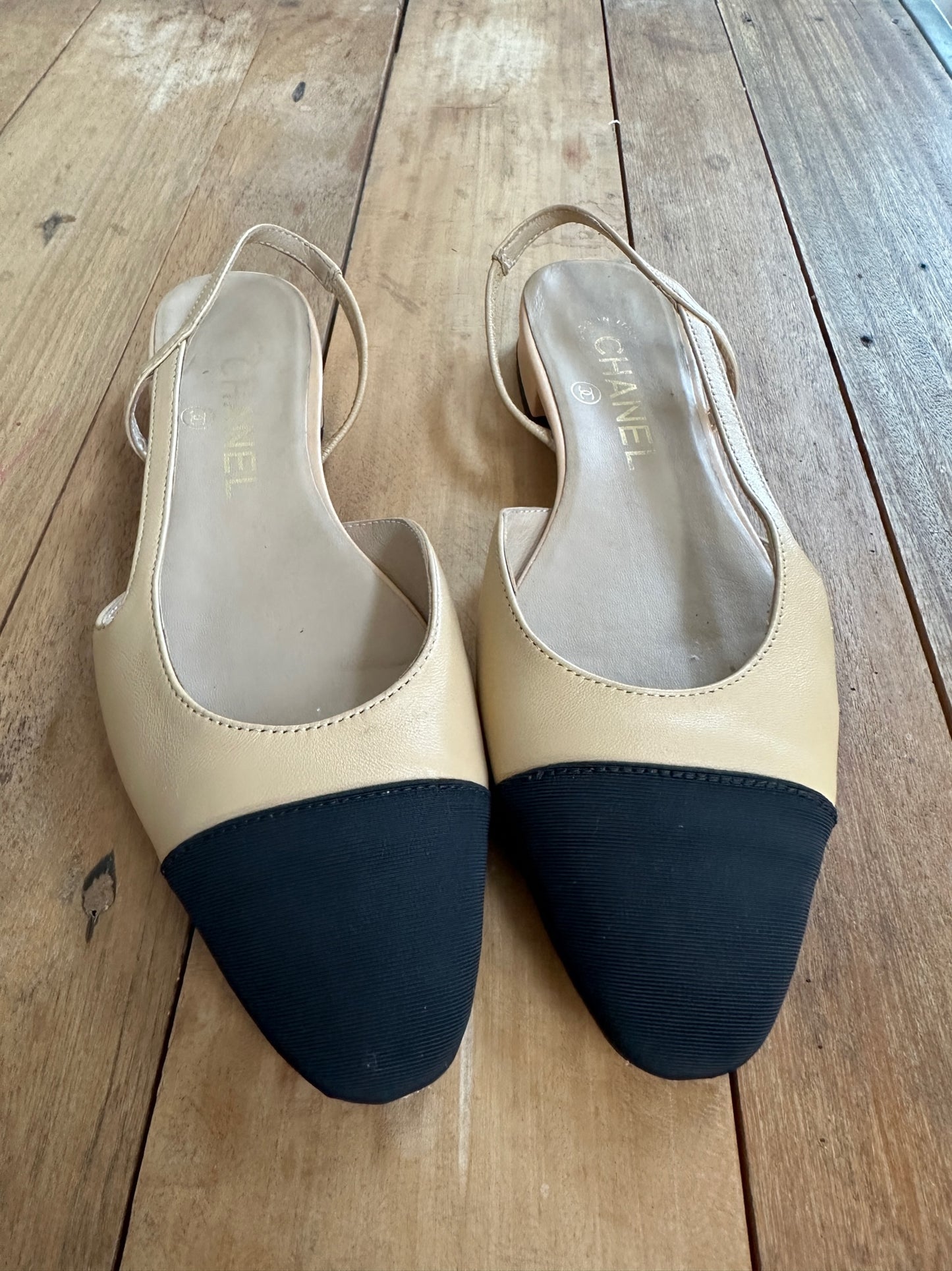 Chanel Beige & Black Slingback Flats