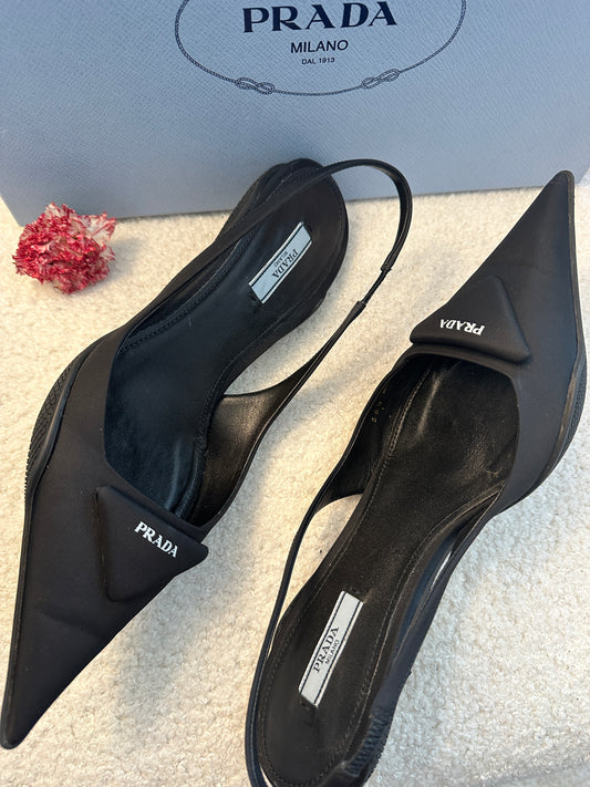 Prada Nylon Black Slingback Kitten Heels