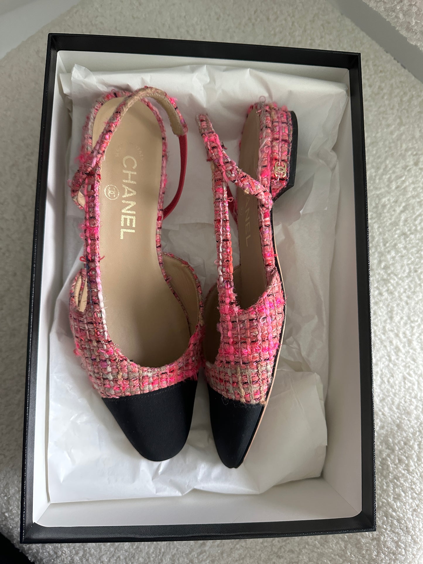 Chanel Pink & Black Tweed Slingback Flats