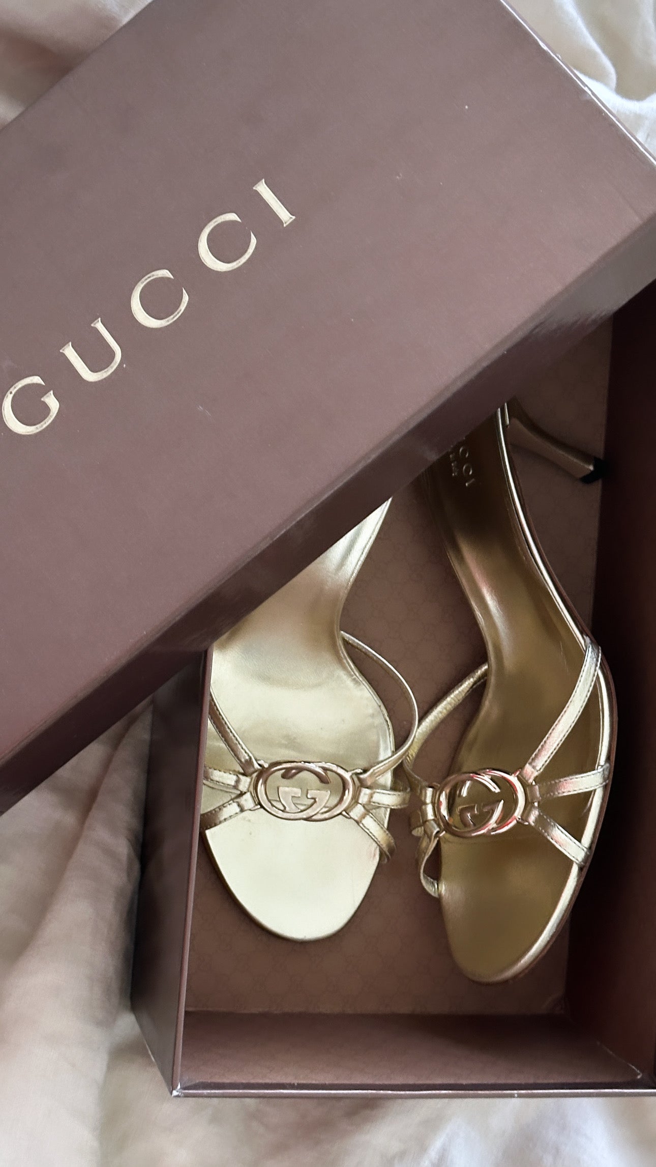 Vintage Gucci Metallic Gold GG Logo Sandals 8.5